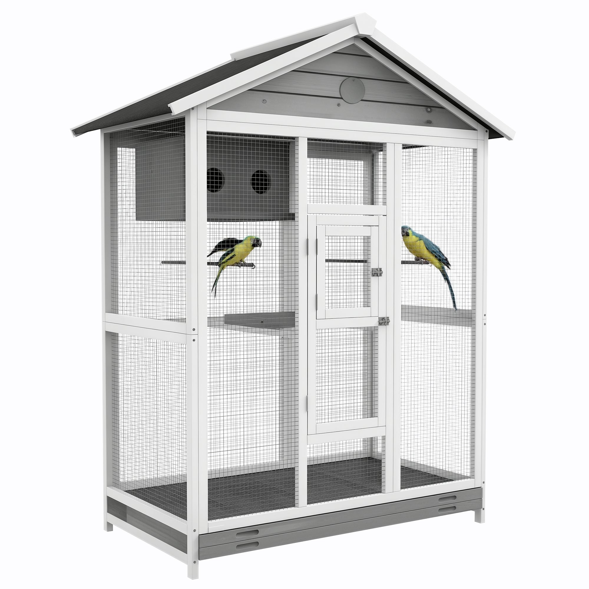 Large Wooden Bird Aviary Outdoor Indoor Weatherproof Bird Cage with Asphalt Roof, Pull-Out Tray with Safety Grid, Activity Center with Nest Box and 4 Perches, for Canaries Finches Budgies, Fir, 112 x 68 x 154 cm