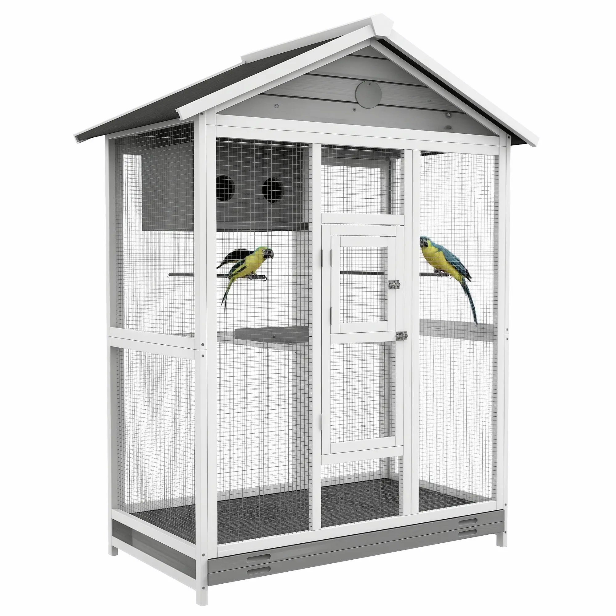Large Wooden Bird Aviary Outdoor Indoor Weatherproof Bird Cage with Asphalt Roof, Pull-Out Tray with Safety Grid, Activity Center with Nest Box and 4 Perches, for Canaries Finches Budgies, Fir, 112 x 68 x 154 cm