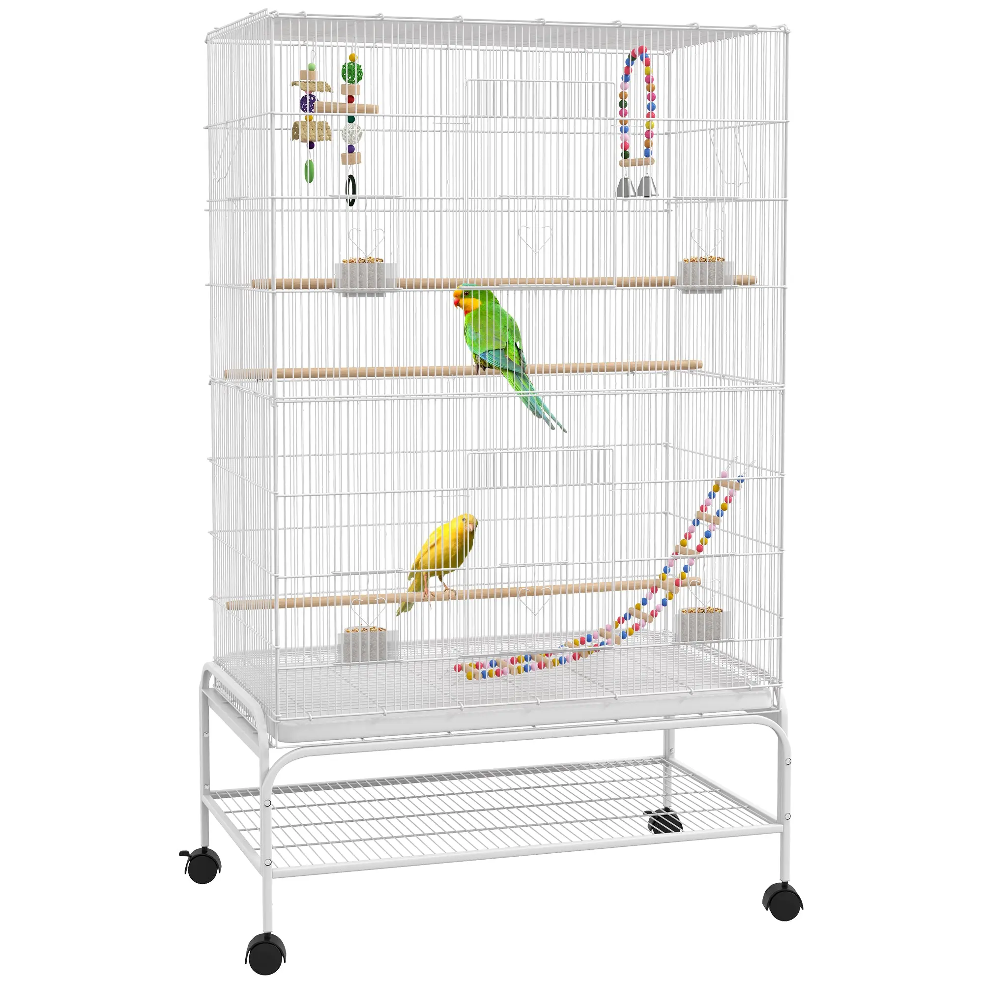 Bird Cage with Wheels Large Cage with Stand Bird Aviary with Removable Tray Feeders Perches Toys and Bottom Shelf for Canaries Budgies 79x49x133 cm White