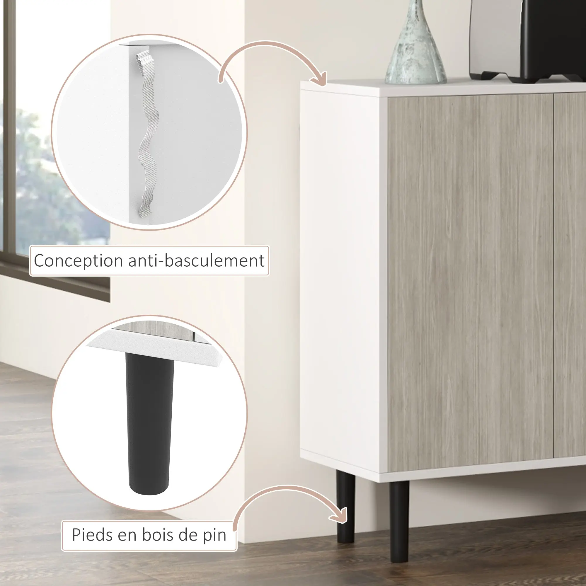 Buffet Kitchen Storage Cabinet with 2 Double Door Cabinets with Height-Adjustable Shelves, 121 x 37 x 75 cm, White and Woodgrain Gray