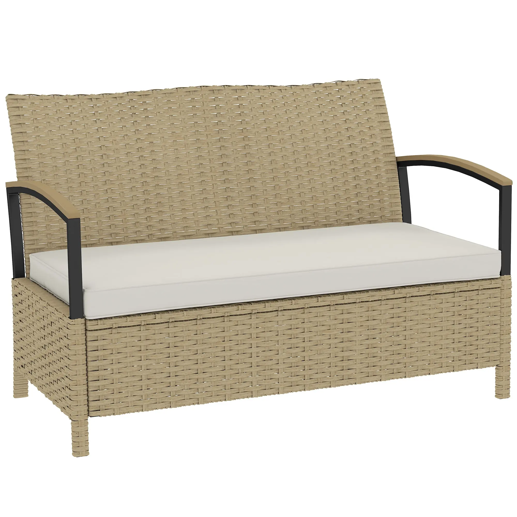 Woven Resin Garden Storage Bench – 125 L Outdoor Chest, Stable Steel Frame, 2-Seater (Up to 240 kg), Thick Cushion & Composite Wood Armrests, Khaki