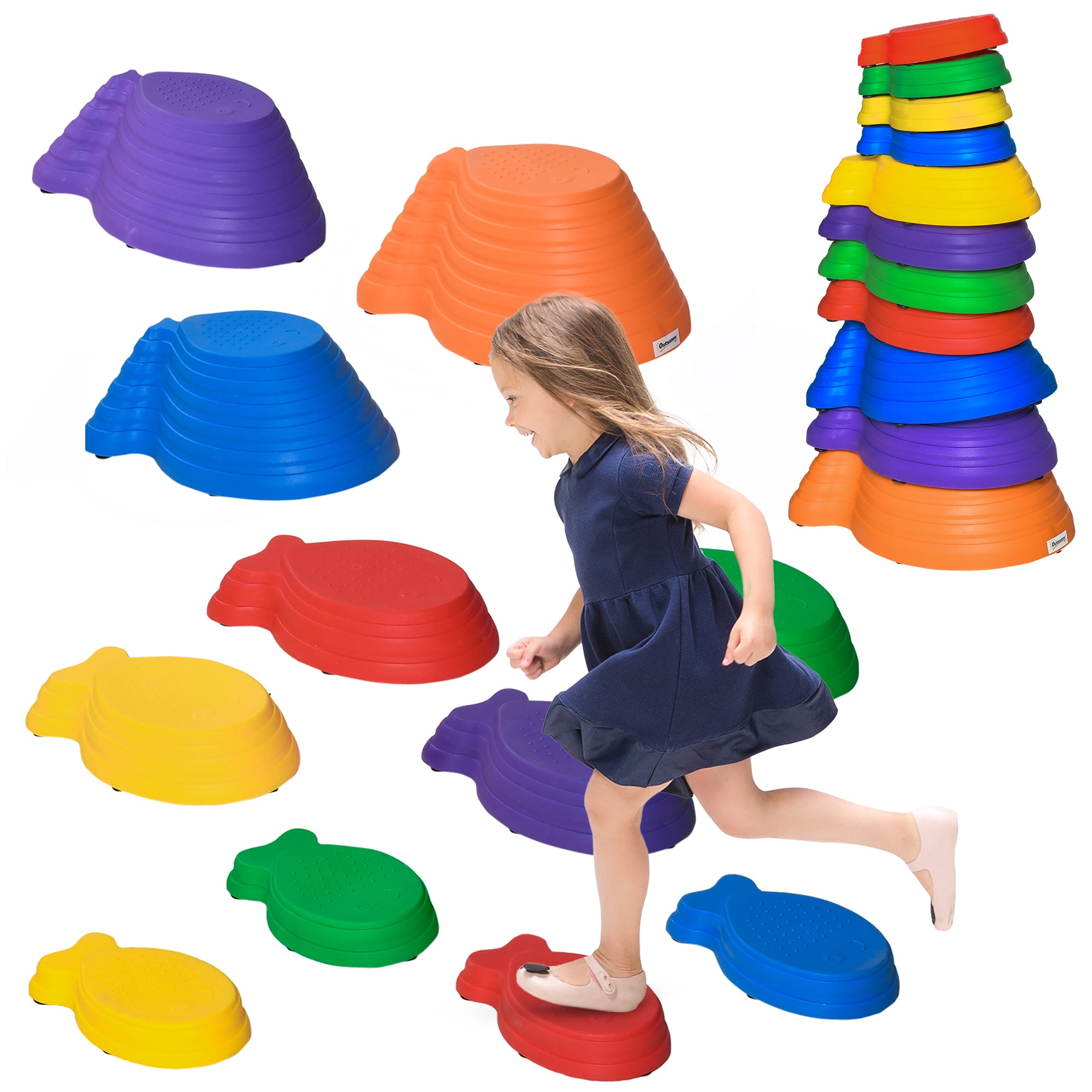 Outsunny Balance Sten til Børn - 11 Stykker Skli-Sikre Staple Balance Sten til At Fremme Balance og Koordination, 3-8 År, Til Indendørs og Udendørs