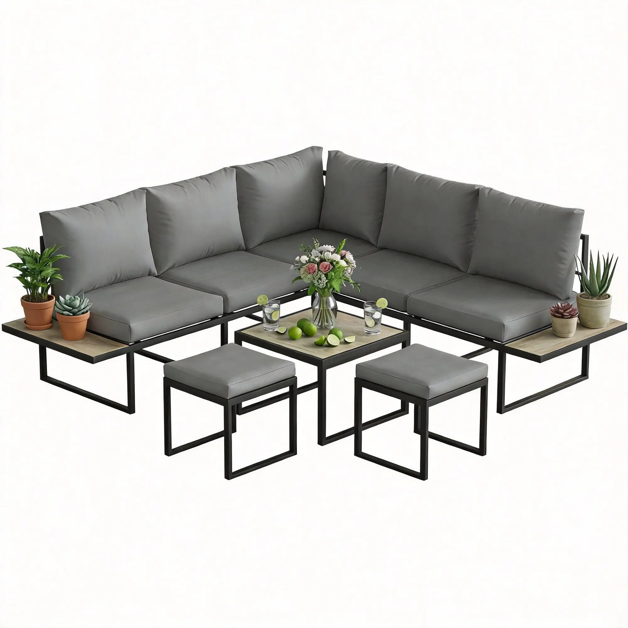 6-Person Outdoor Patio Sofa Set – Modular Outdoor Sectional with Coffee Table and Wood-Effect PSPC Side Trays – Thick 10 cm (3.9 in) Cushions, Gray