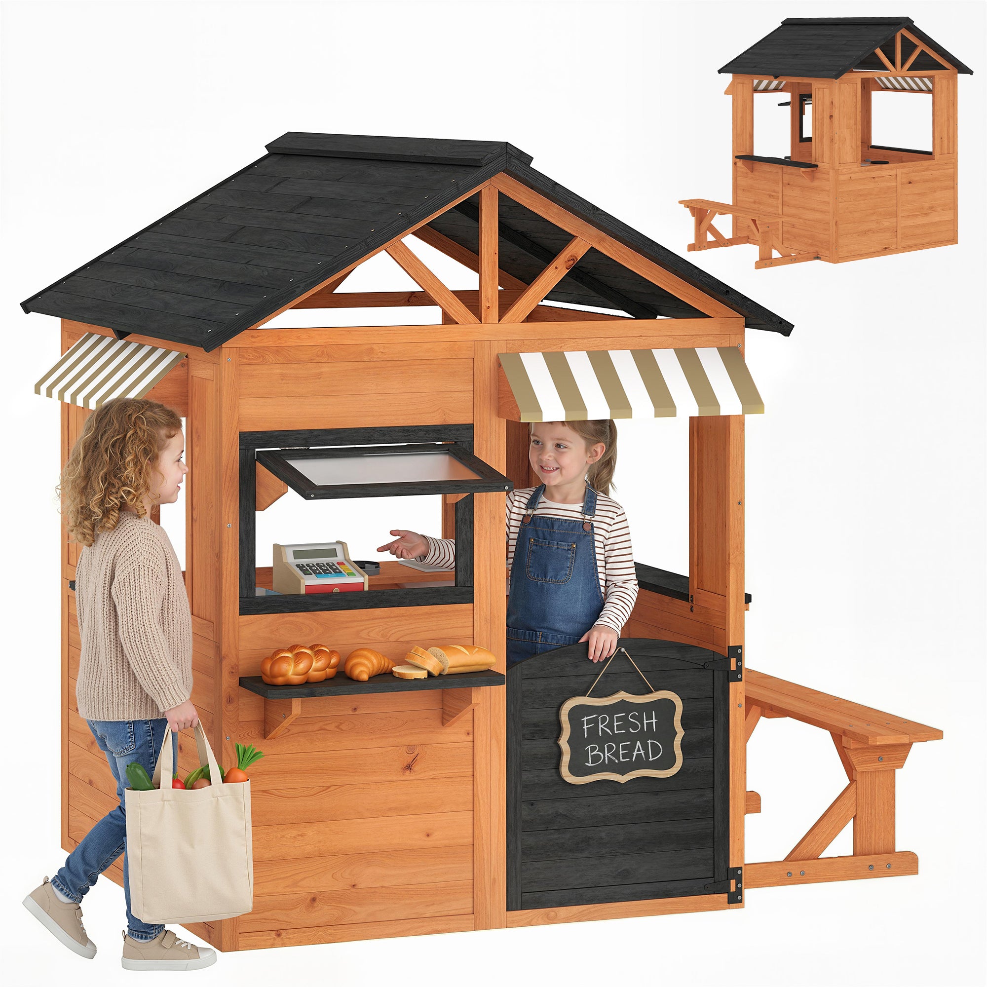 Wooden Kids' Playhouse Outdoor with Play Kitchen, Bench, Serving Counter, Windows & Faucet — Brown, 67.5 in x 57.5 in x 61.4 in (171.5 x 146 x 156 cm)
