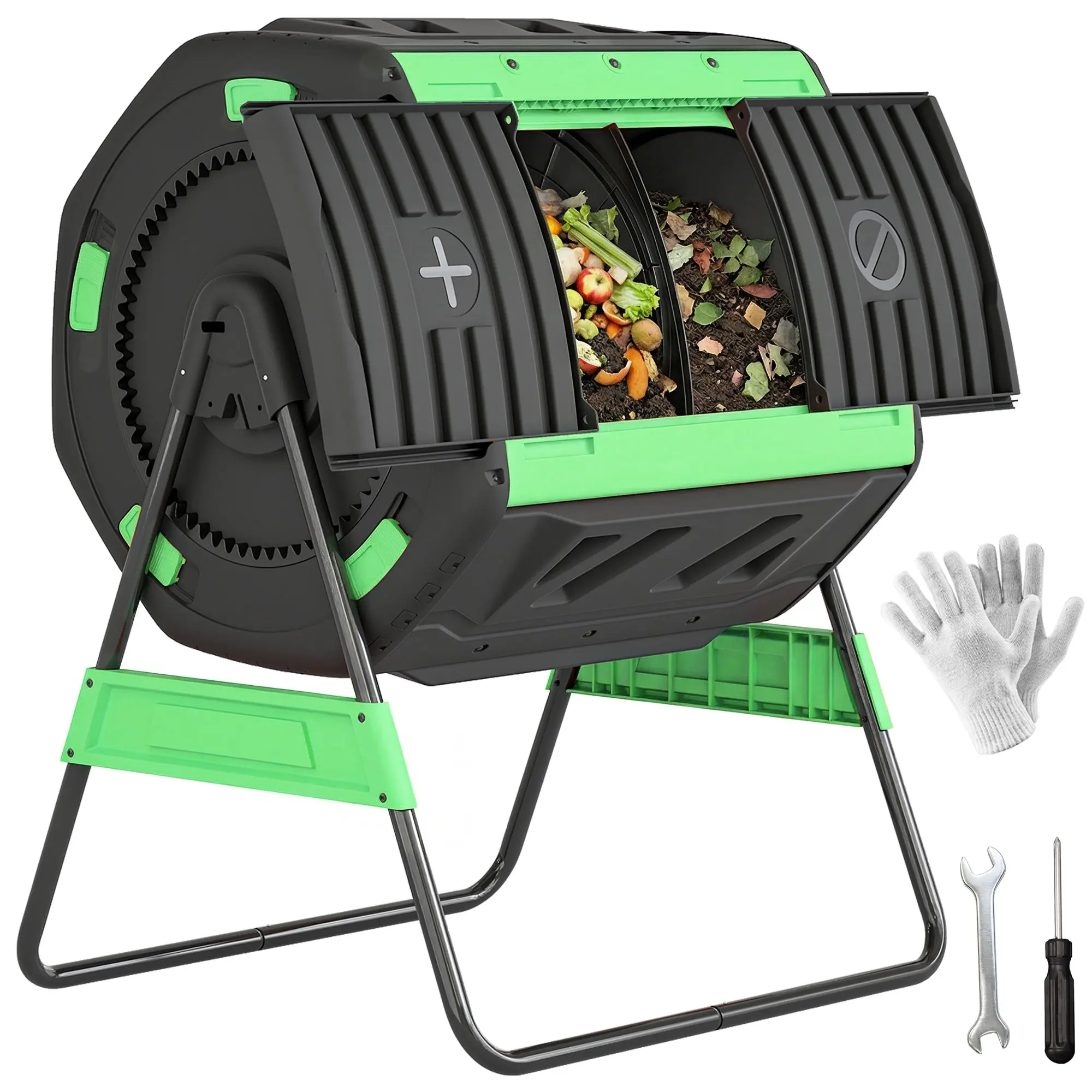 200 L (≈53 US gal) Compost Tumbler, 94 x 67 x 98 cm (37 x 26.4 x 38.6 in) – Fast Compost Bin with Ventilation Holes & Sliding Door, Weather-Resistant Plastic