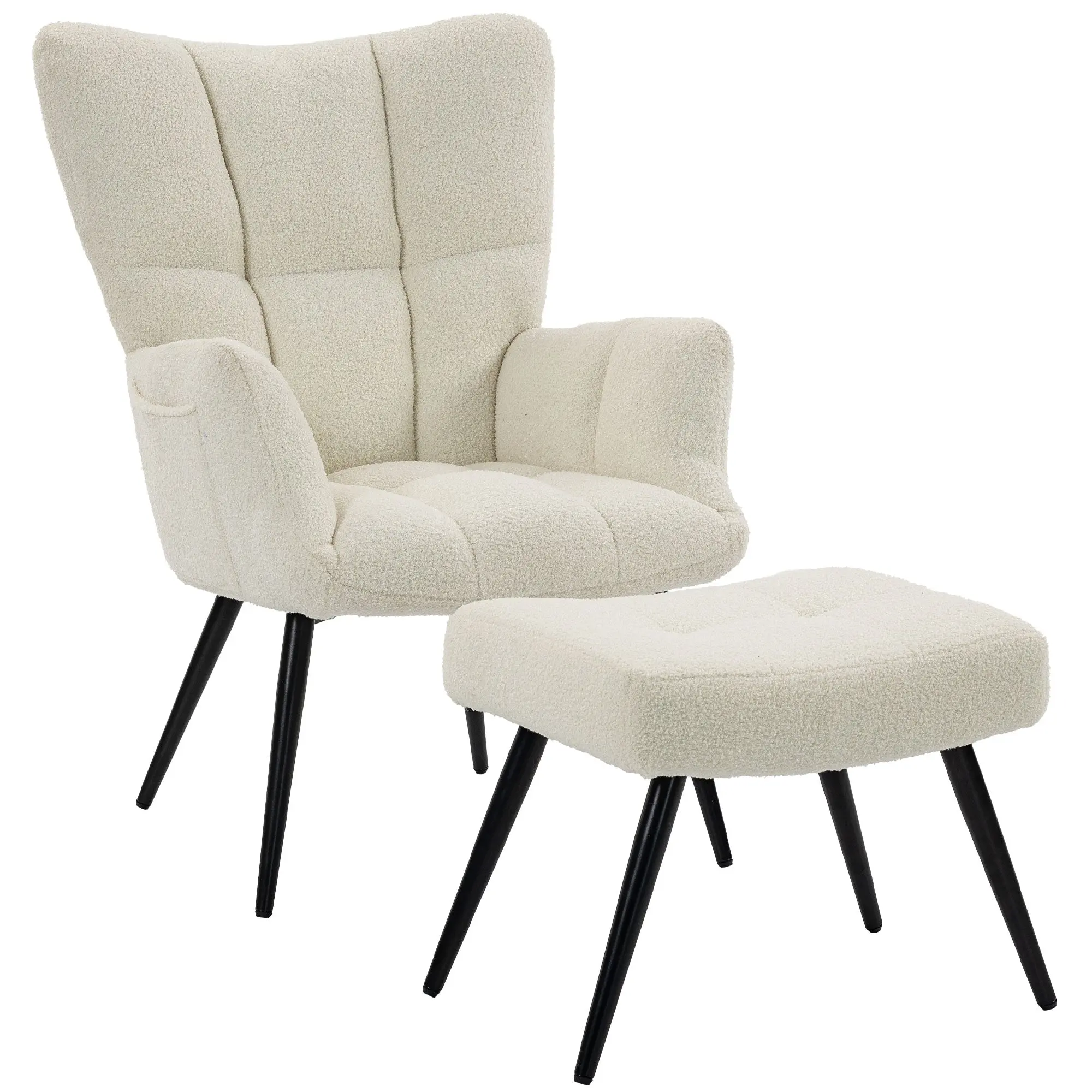 Beige Teddy Plush Accent Chair with Ottoman — Tufted High Back, Side Pockets, Steel Legs