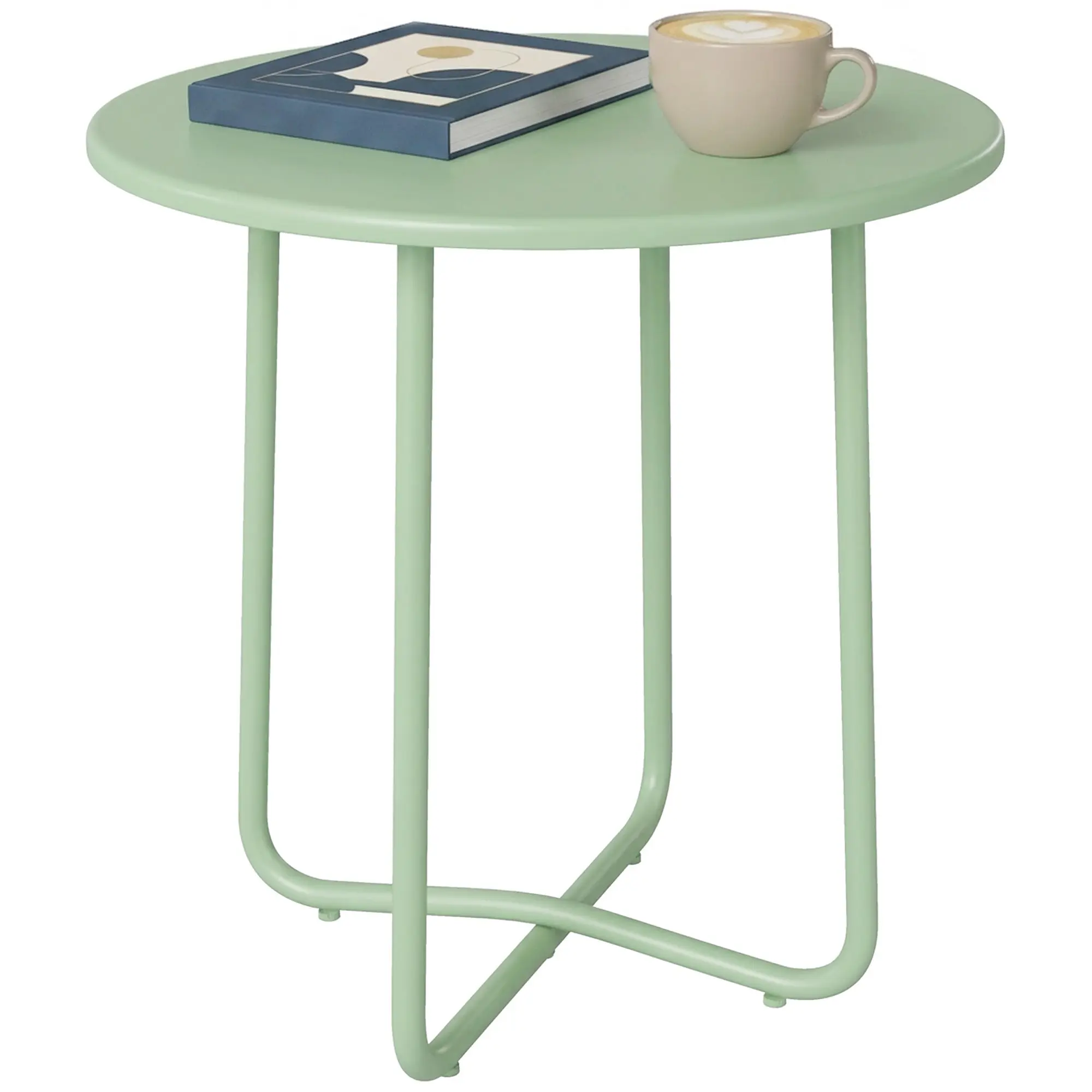 Outdoor Coffee Table with Rolled Edge — Round Garden Table, X-Base with Height-Adjustable Feet, for Living Room Patio Balcony, Metal, Ø 48 x 51 cm, Green