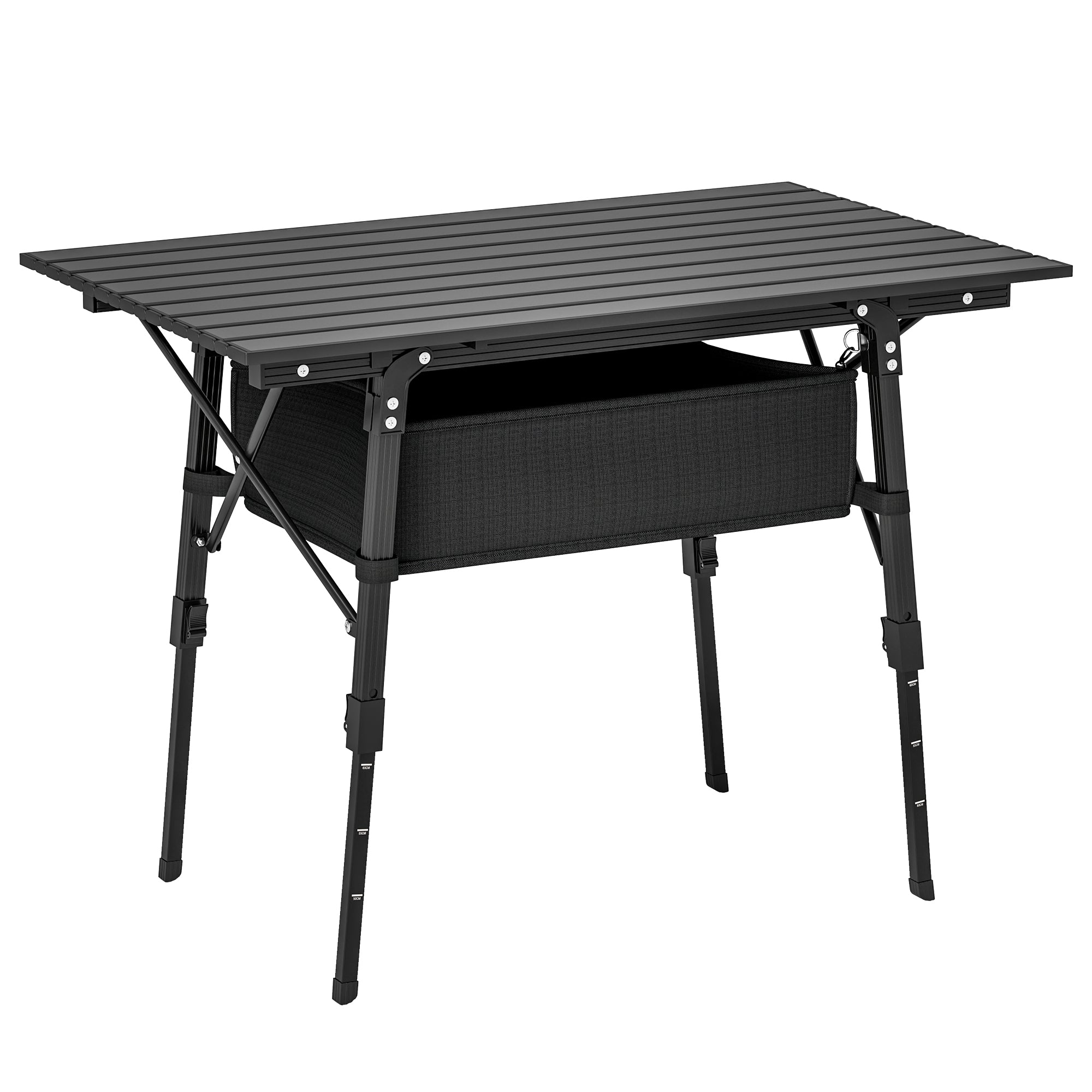Outsunny Höhenverstellbarer Camping Tisch Klapptisch mit Aufbewahrungskorb Tragbarer Aluminium Gartentisch Leichter Multifunktionaler Tisch Faltbarer Tisch für Garten Balkon Camping Picknick 90 x 55 c