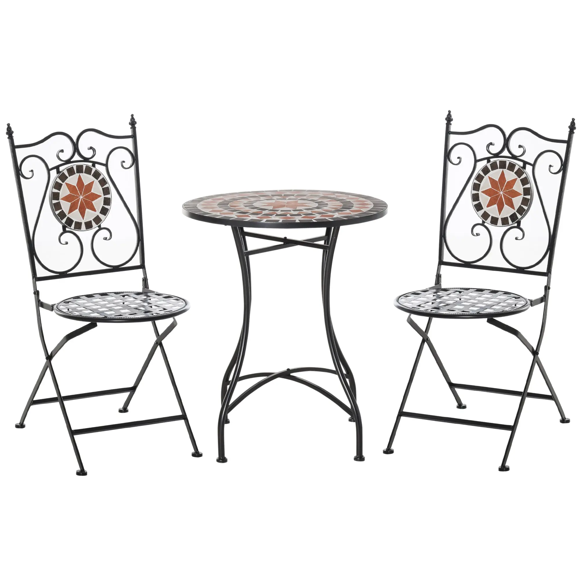 3 Piece Bistro Set with Mosaic Table, Foldable Garden Chairs, Metal Patio Dining Set for Balcony, Terrace and Garden