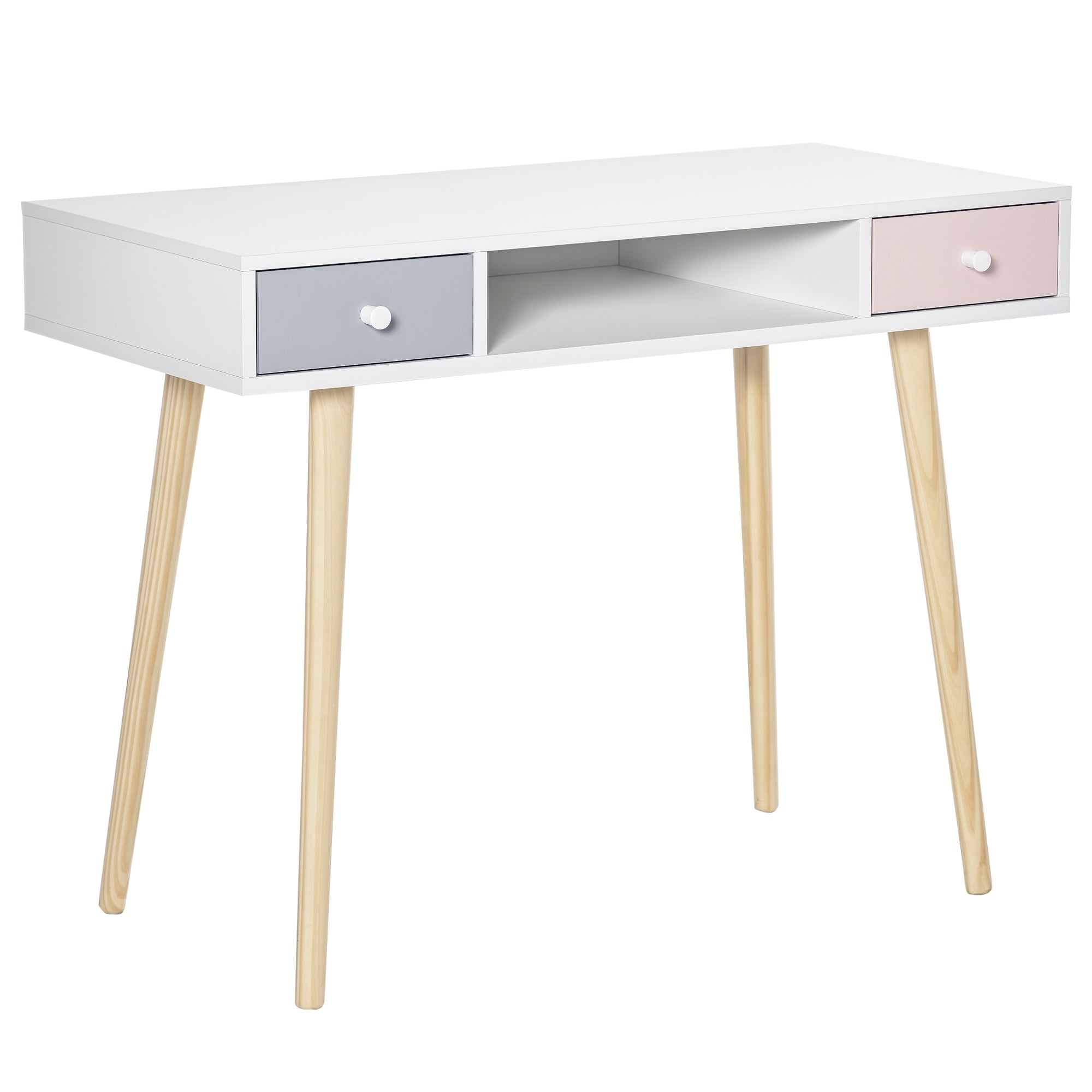 HOMCOM Bērnu Galda Konsoles Galdiņš ar 1 Atvērtu Nodali un 2 Atvilktnēm Ziemeļnieku Stils Mācībām Ieejai Guļamistabā 100x48x76.5 cm Daudzkrāsains
