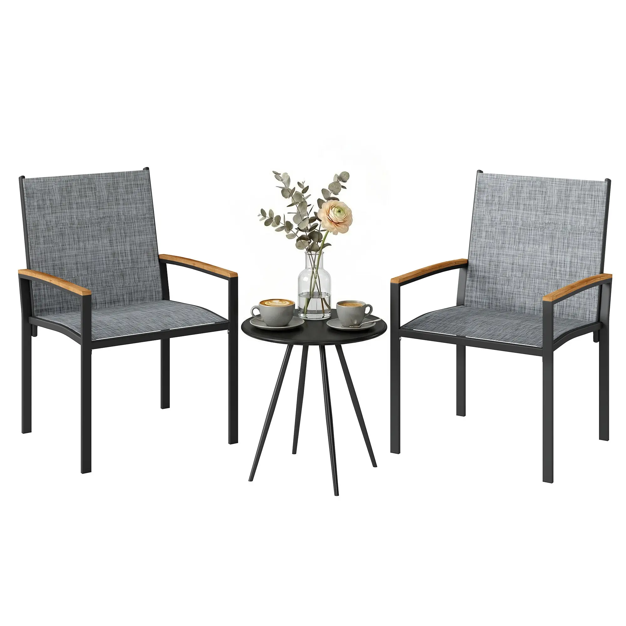 3-Piece Bistro Set, Garden Set with 2 Texteline Chairs & Metal-Top Table, Decorative Armrests, Steel Patio Furniture for Balcony, Terrace – Mixed Gray