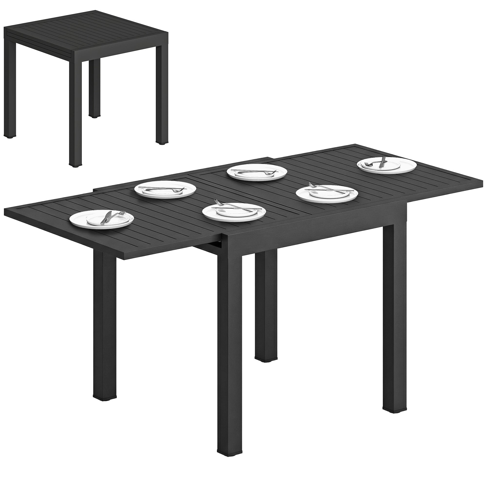 Outsunny auszéihbare Gaartdësch 80–160×80 cm — schwaarz pulverbeschichtetes Aluminium, fir 4–6 Persounen