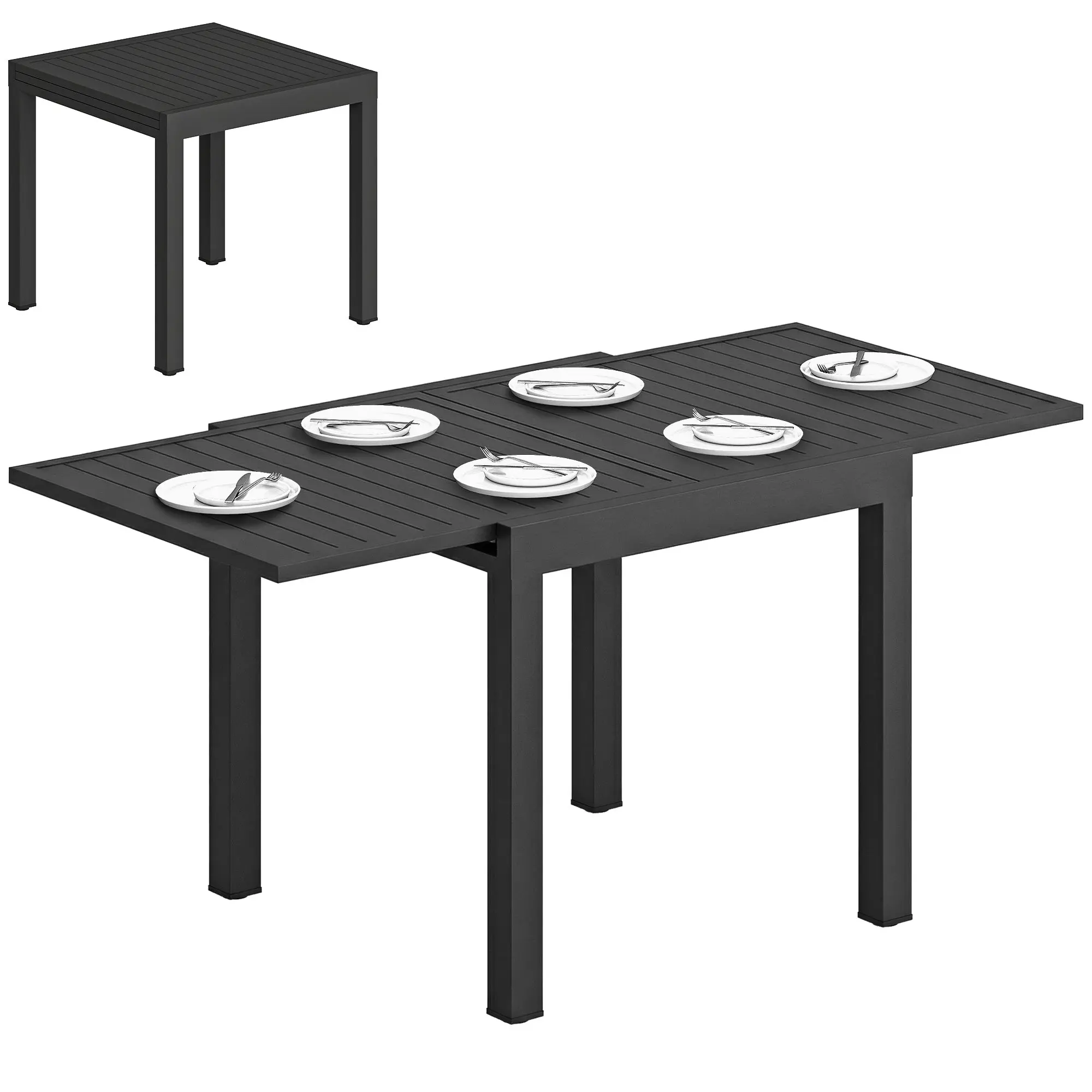 Extendable Outdoor Dining Table Aluminum Patio Table for 4-6 People Garden Dining Table with Slatted Top Expandable Terrace Table Black 80-160 cm