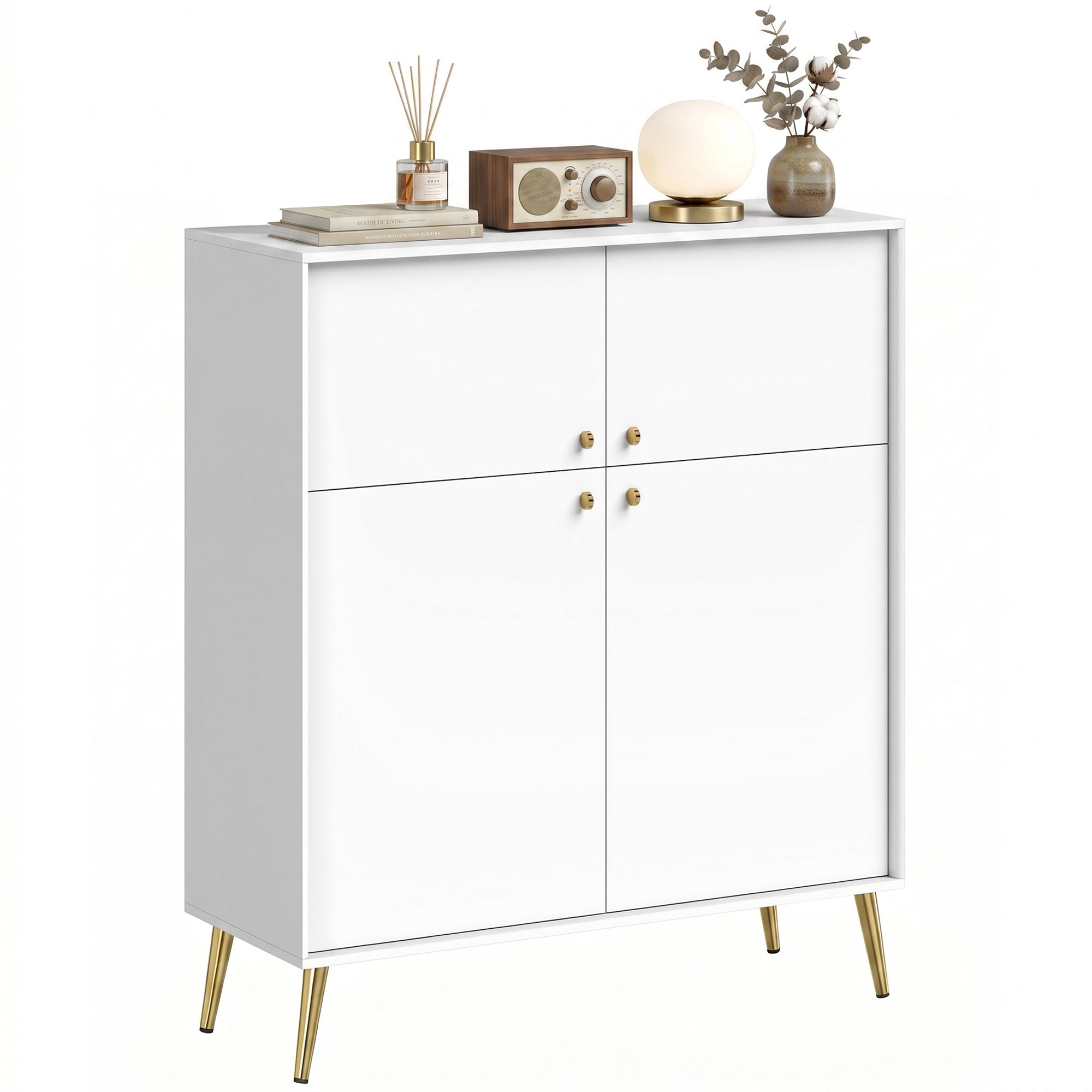 Sideboard with 4 Doors, Storage Cabinet with Soft-Close Doors and Metal Legs for Living Room or Bedroom — 41.5 x 15.9 x 48.2 in (Cream White) Made in the EU
