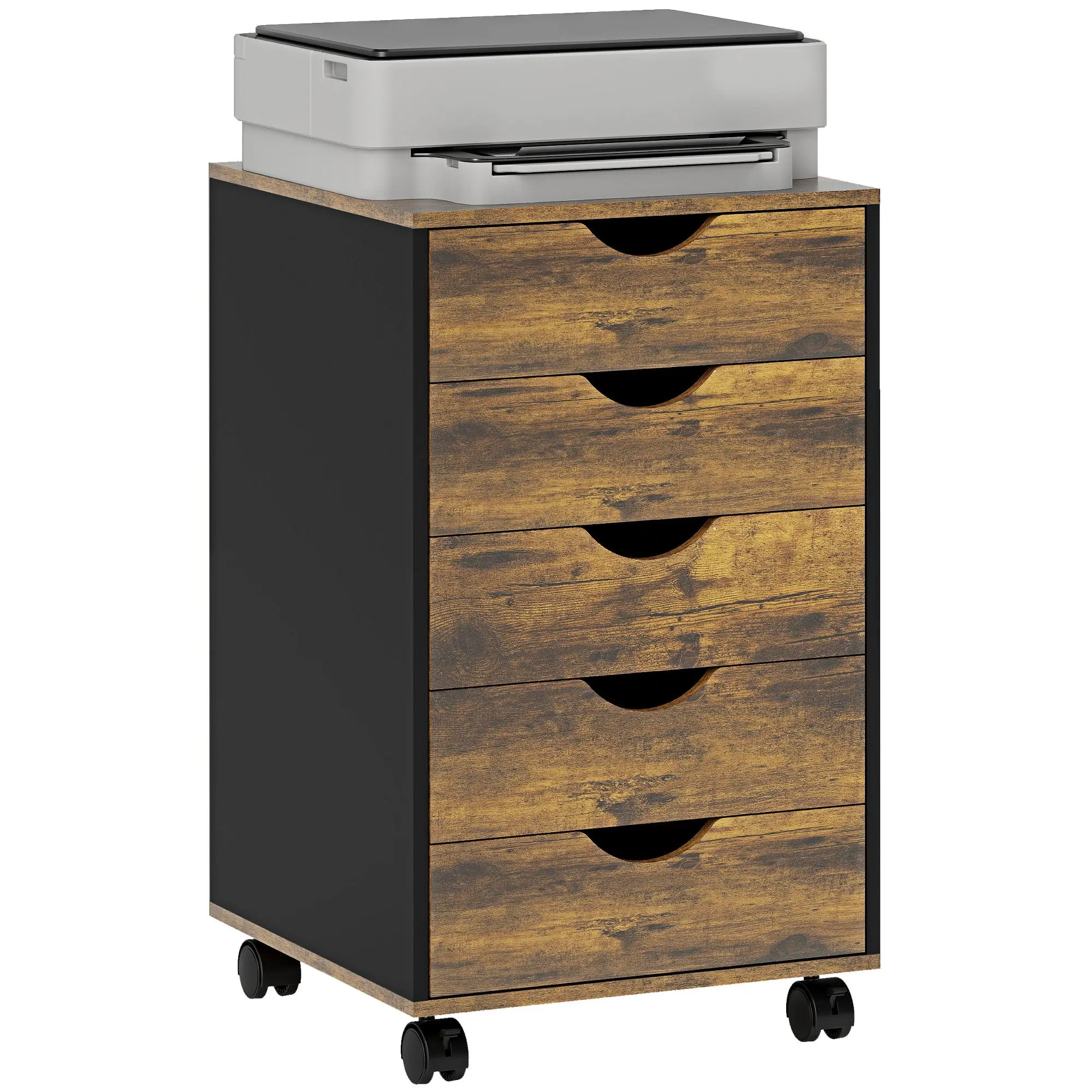 5-Drawer Office File Cabinet with Locking Casters – Under-Desk Letter/A4 Storage, 15.7 x 15.7 x 26.4 in, Rustic Brown & Black