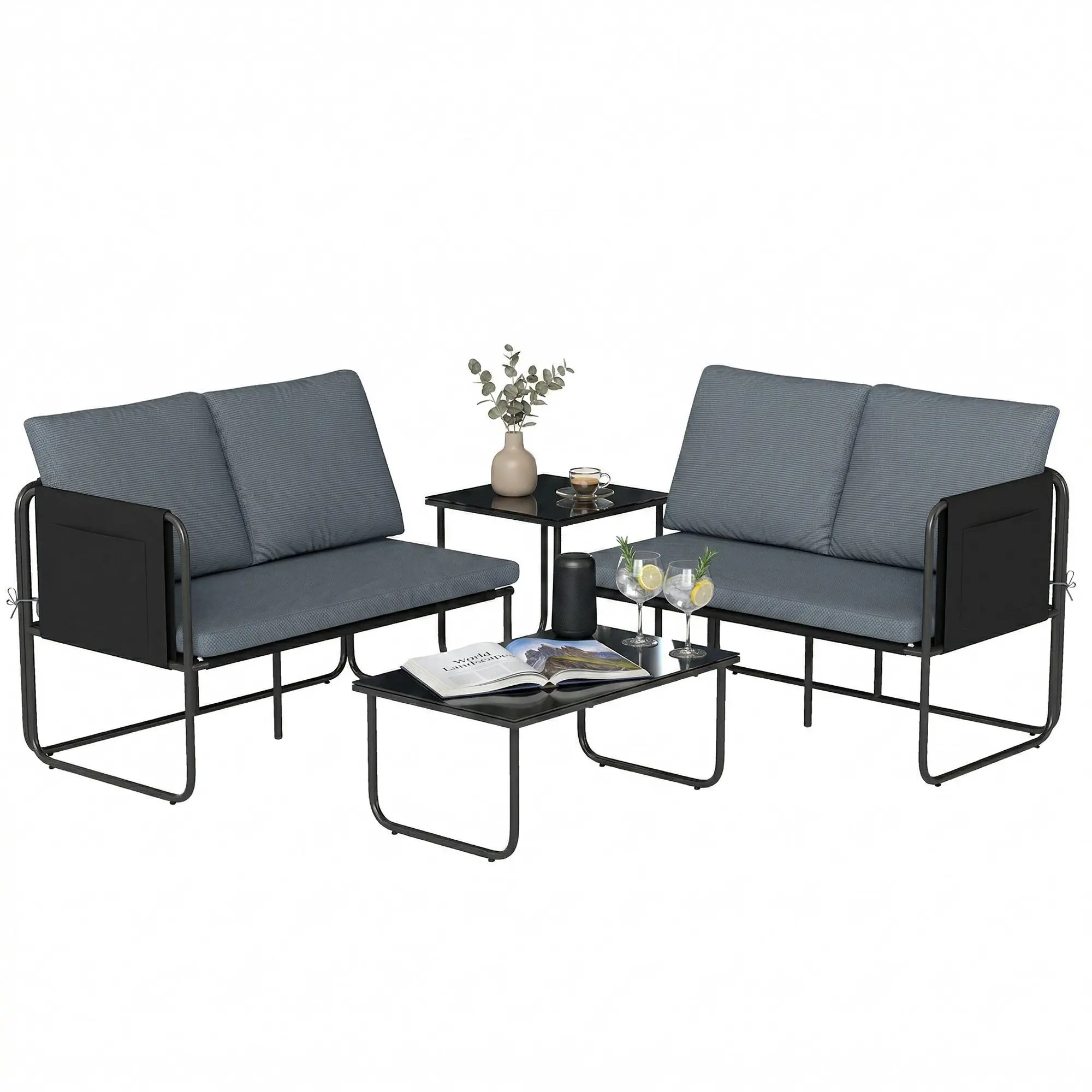 4-Piece Outdoor Garden Set – 2 Two-Seat Sofas, Coffee & Side Glass Tables, Removable Cushions, Textilene, Steel Frame, Gray