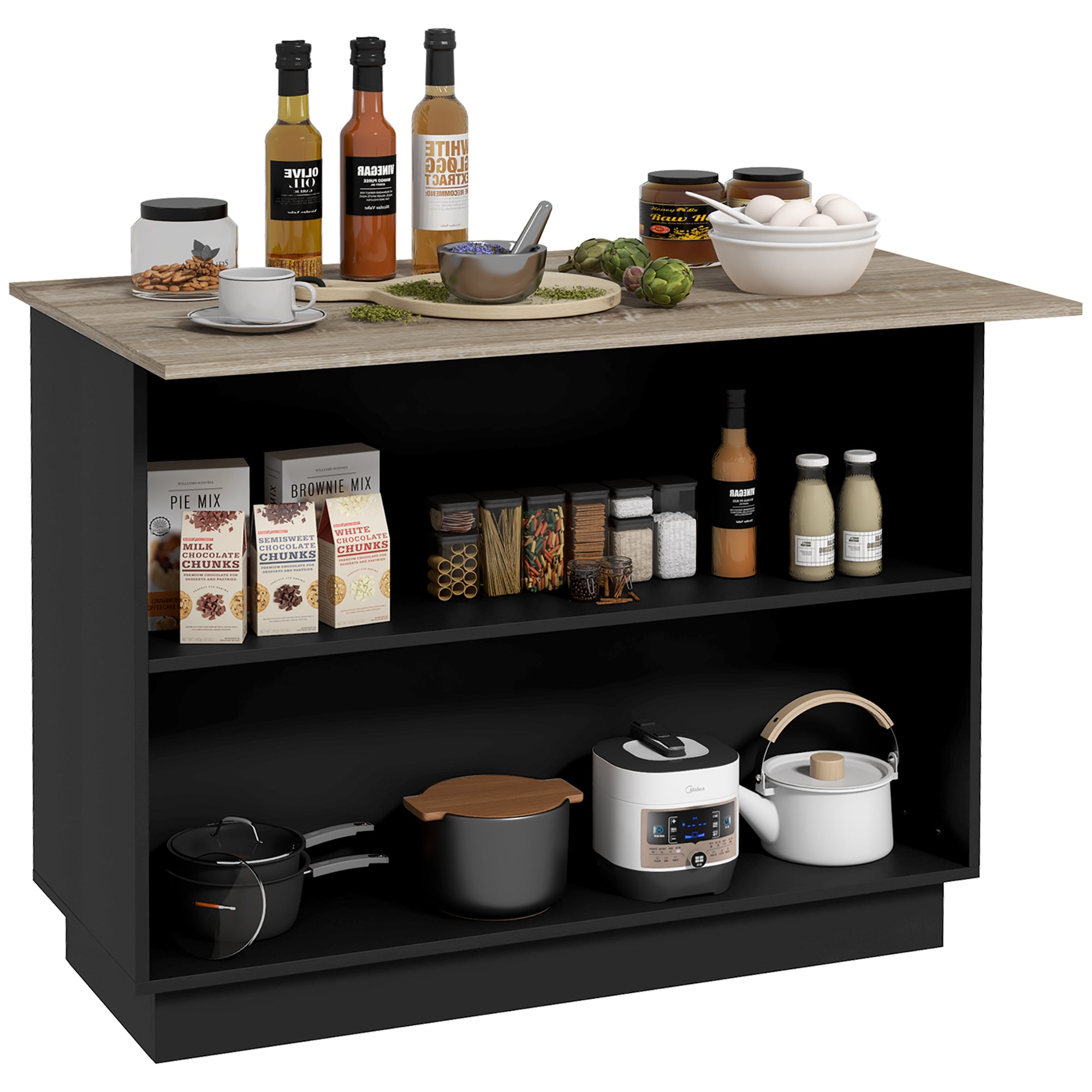 HOMCOM Kökö i Modern Stil med 2 Öppna Hyllor, 2 Dörrar och Justerbara Hyllor - 100 kg Kapacitet - 105x60x82 cm - Svart och Ek