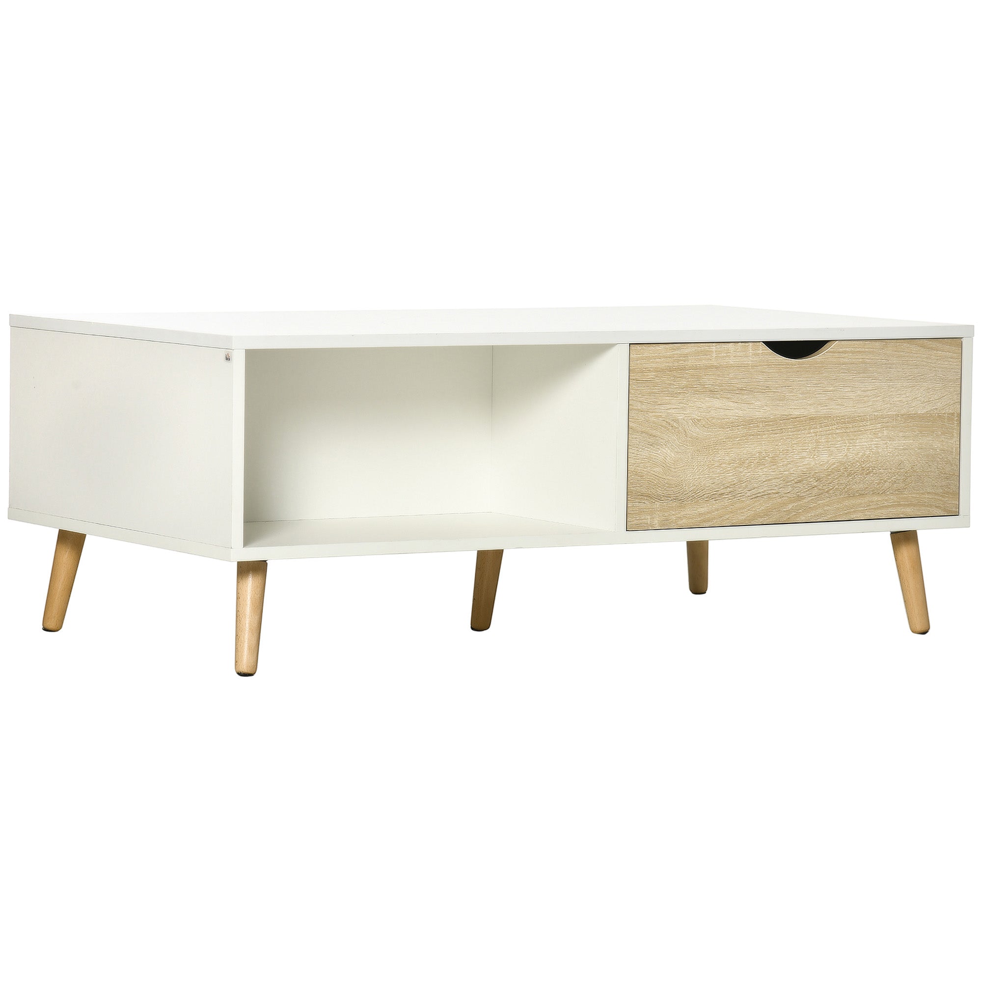HOMCOM Moderni Kahvipöytä 2 laatikolla ja Avoimilla Osastoilla Toimistoon, Makuu- ja Opiskeluhuoneeseen, 106x58x39.5 cm Valkoinen