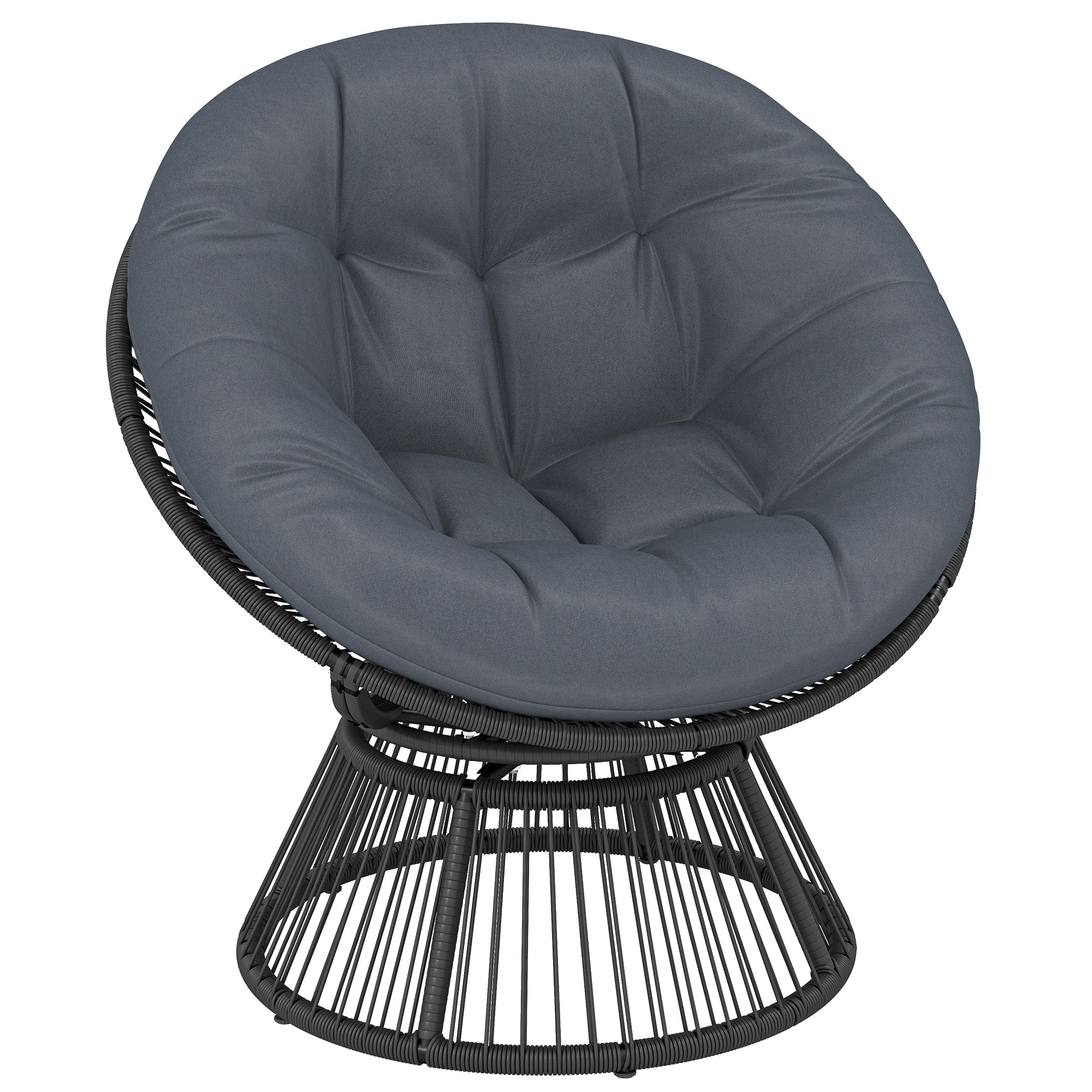 Outsunny 360° Papasan-Drehsëtz — Ronn Polyrattan-Lounger mat Këssen, Stolrahmen — Griis