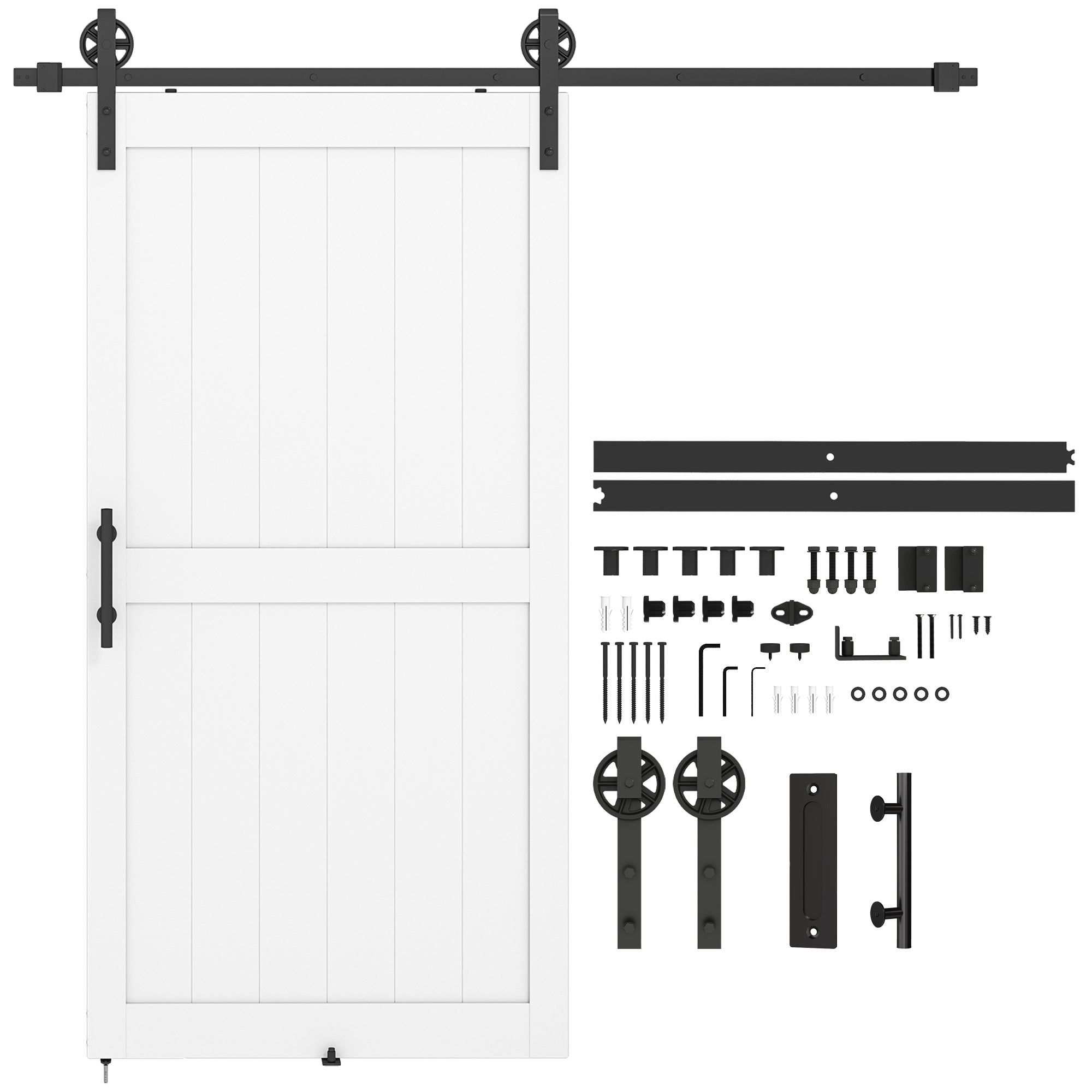 HOMCOM Landhaus-Schiebetür mit Laufschiene & Beschlägen, MDF & Kohlenstoffstahl, 106,6 x 213,4 cm, Weiß/Schwarz
