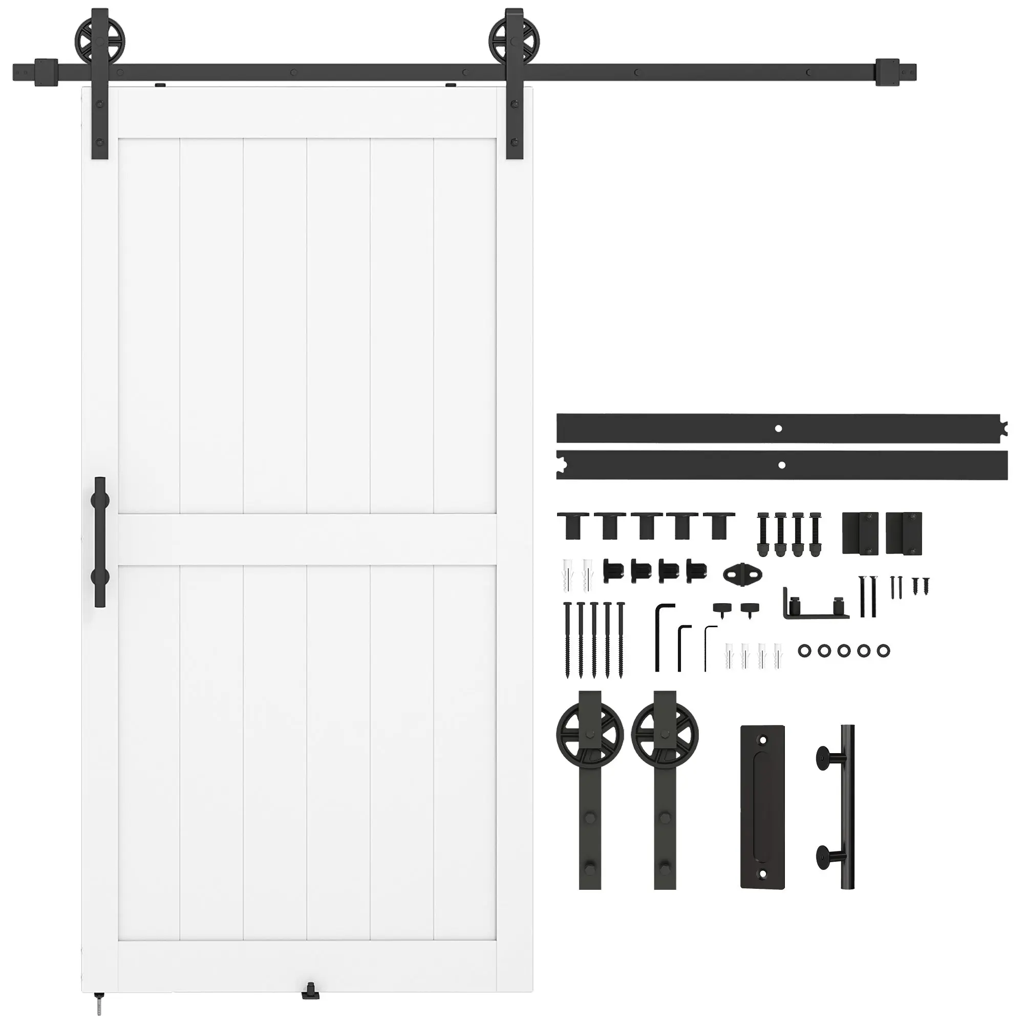 Country-Style Sliding Barn Door with Track & Hardware, MDF & Carbon Steel, 42 x 84 in, White/Black