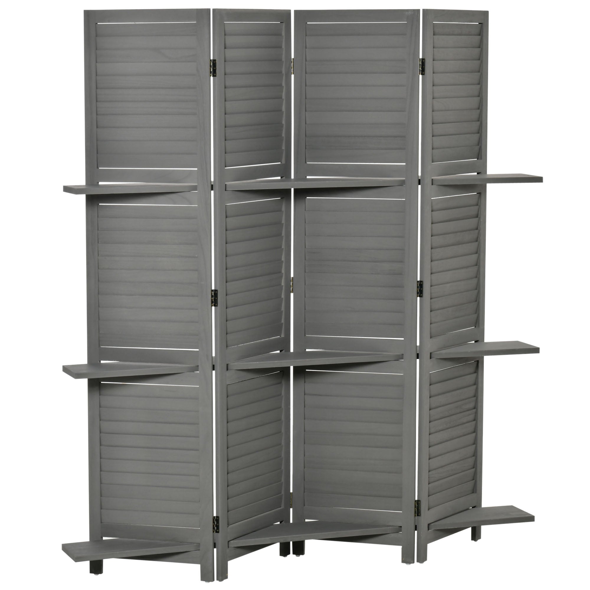 HOMCOM Indendørs Rumdeler 4 Paneler 160L x 170H cm 3 Hylder Sammenklappelig Rumdeler Med Persienner Paulownia Træ Grå