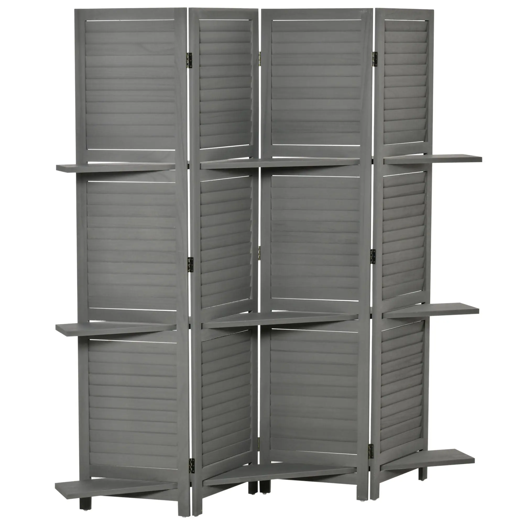 Indoor Room Divider 4 Panels 160L x 170H cm 3 Shelves Foldable Room Divider Louvered Doors Paulownia Wood Gray