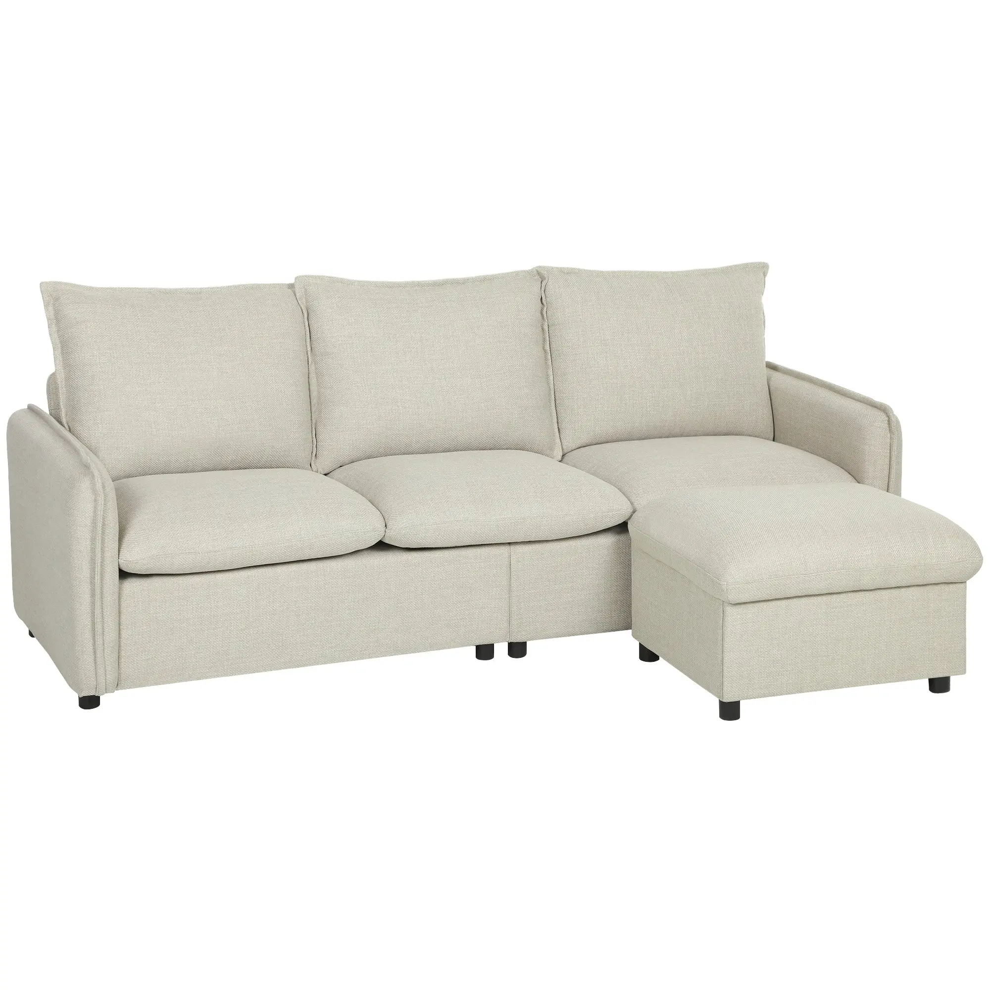 3-Seater Modular Corner Sofa with Storage Ottoman, 83.5" Modern Linen-Look Upholstery, Spring-Cushioned Seats — Cream