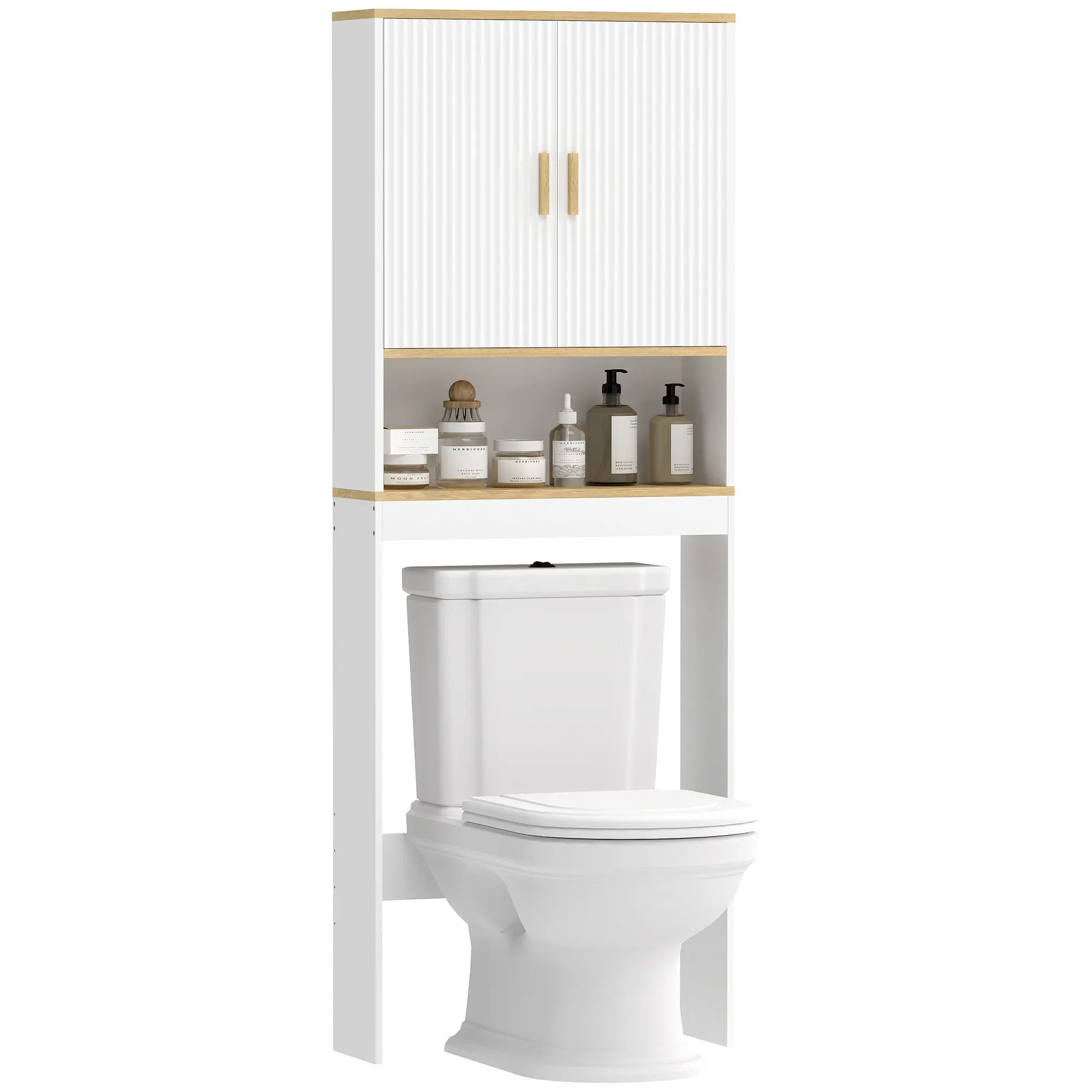 Over-the-Toilet 3-Tier Bathroom Storage Cabinet with Adjustable Shelves, 2 Doors & Open Shelf, White (25.2 x 7.9 x 67.1 in)
