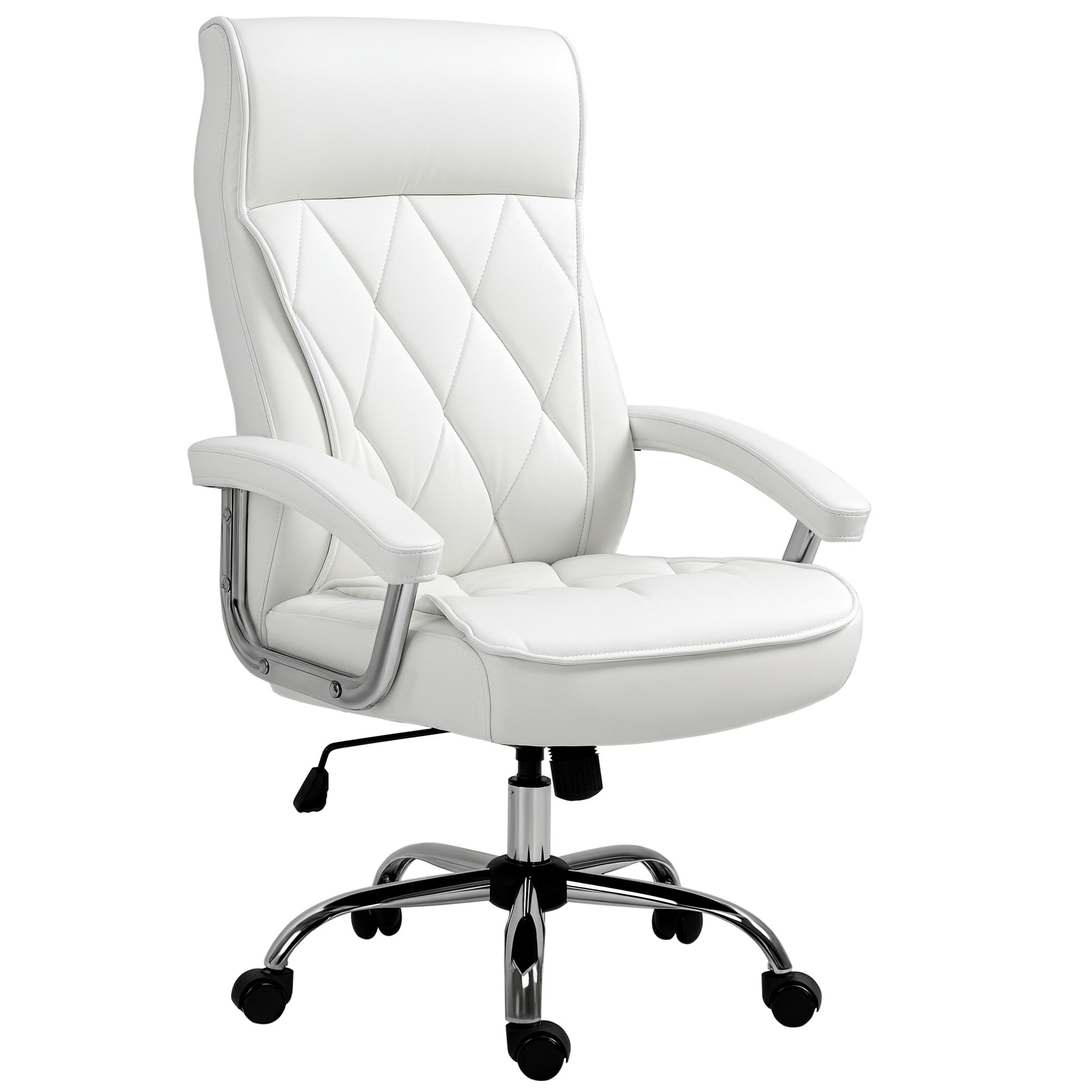 Vinsetto biuro kėdė, ergonominė stalo kėdė, reguliuojama sukamoji kėdė su sūpimo funkcija, deimanto raštas, dirbtinė oda, paminkštinta vadovo kėdė, balta