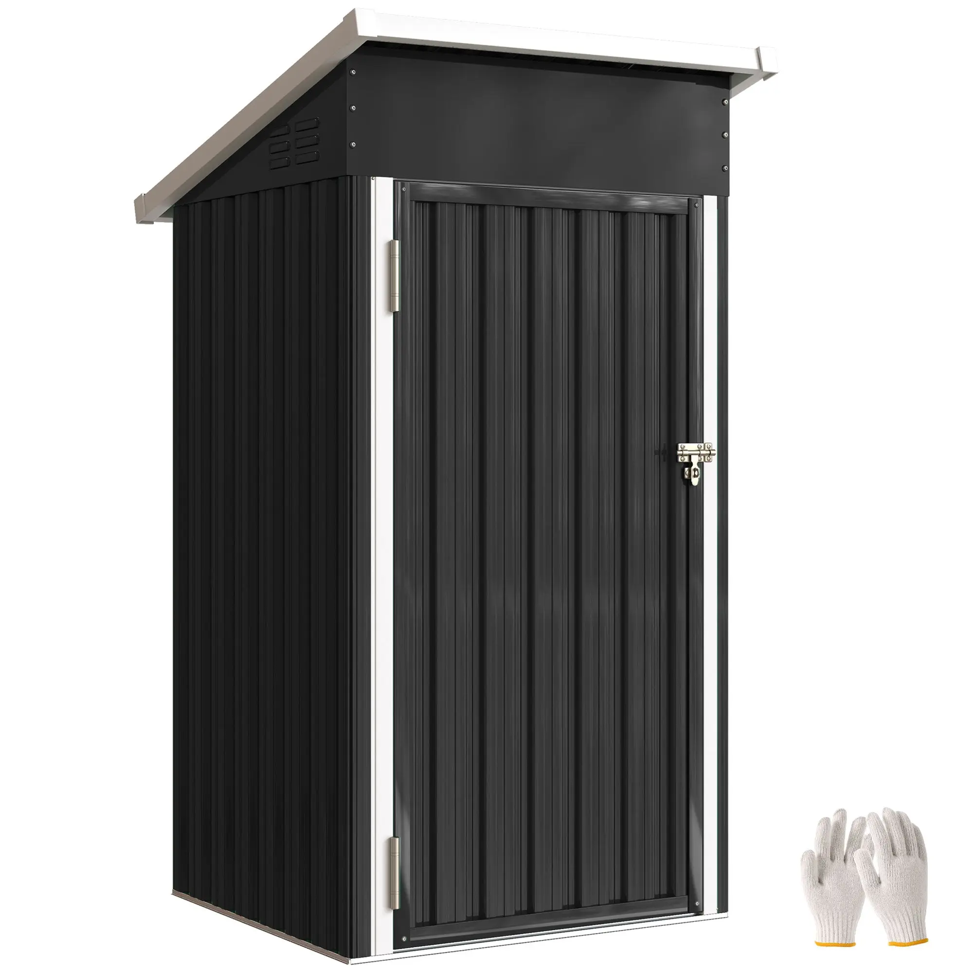 0.74 m² (8 ft²) Galvanized Steel Garden Shed with Vents, Lockable Door & Sloped Roof — Includes Gloves — 107.5 x 91 x 185 cm, Dark Gray