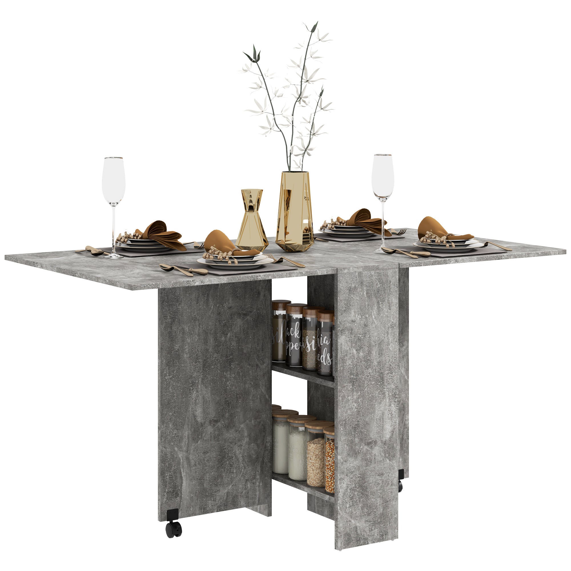 HOMCOM Sammenklappelig Spisebord Køkkenbord med Hjul Sammenklappelige Vinger og Hylder til 4-6 Personer 75x140x74 cm Grå Cement