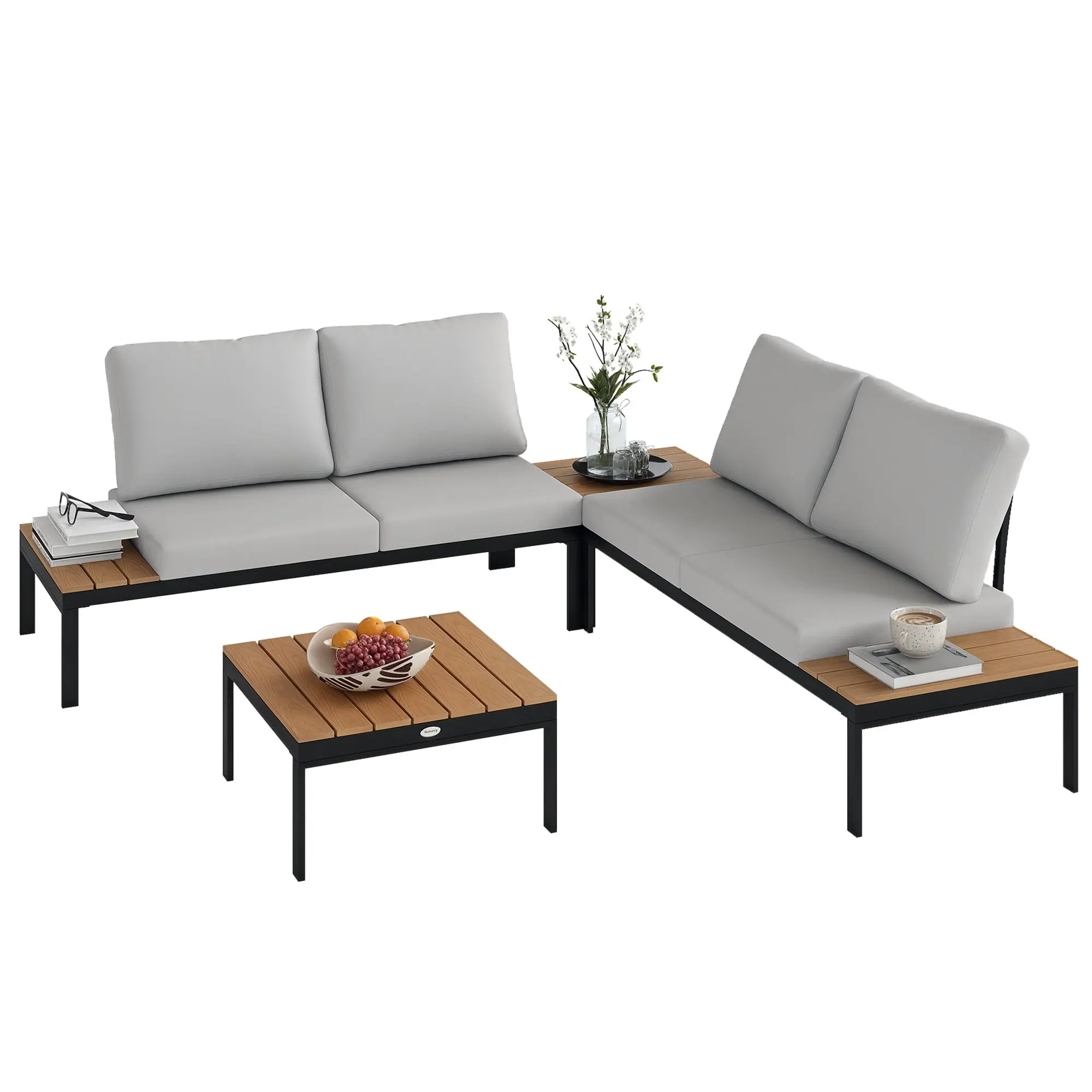 4-Piece Garden Lounge Set, with 2 2-Seater Outdoor Loveseats and 2 Square Coffee Tables in Wood and Removable Cushions, Metal and Composite Wood Furniture Set, Teak