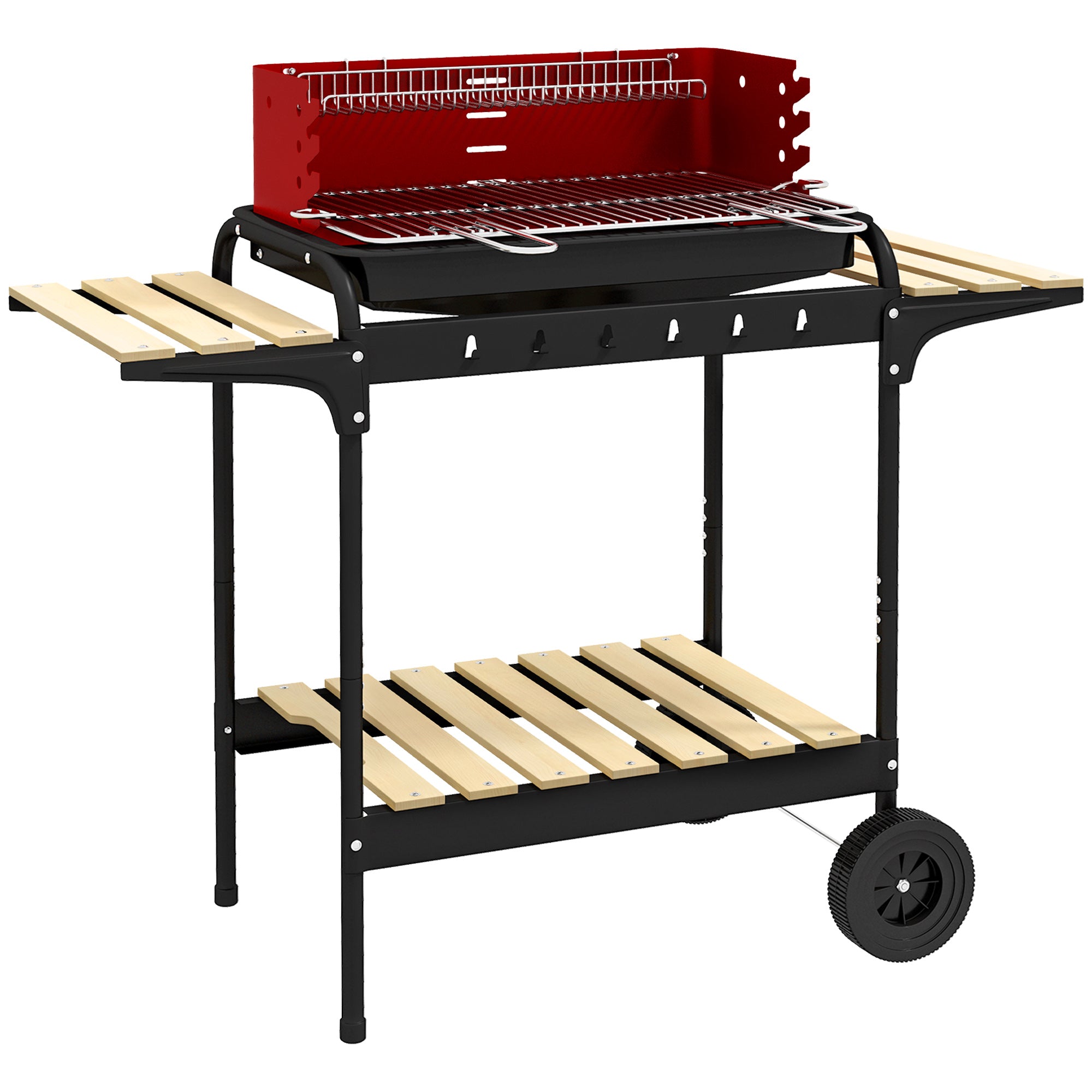 Outsunny Metalni Roštilj na Drveni Ugalj sa Kotačima, Podesiva Visina Roštiljske Rešetke, Drvena Polica, Prijenosni Roštilj Kartica, BBQ za Kampiranje, Patio, 103x47x95 cm
