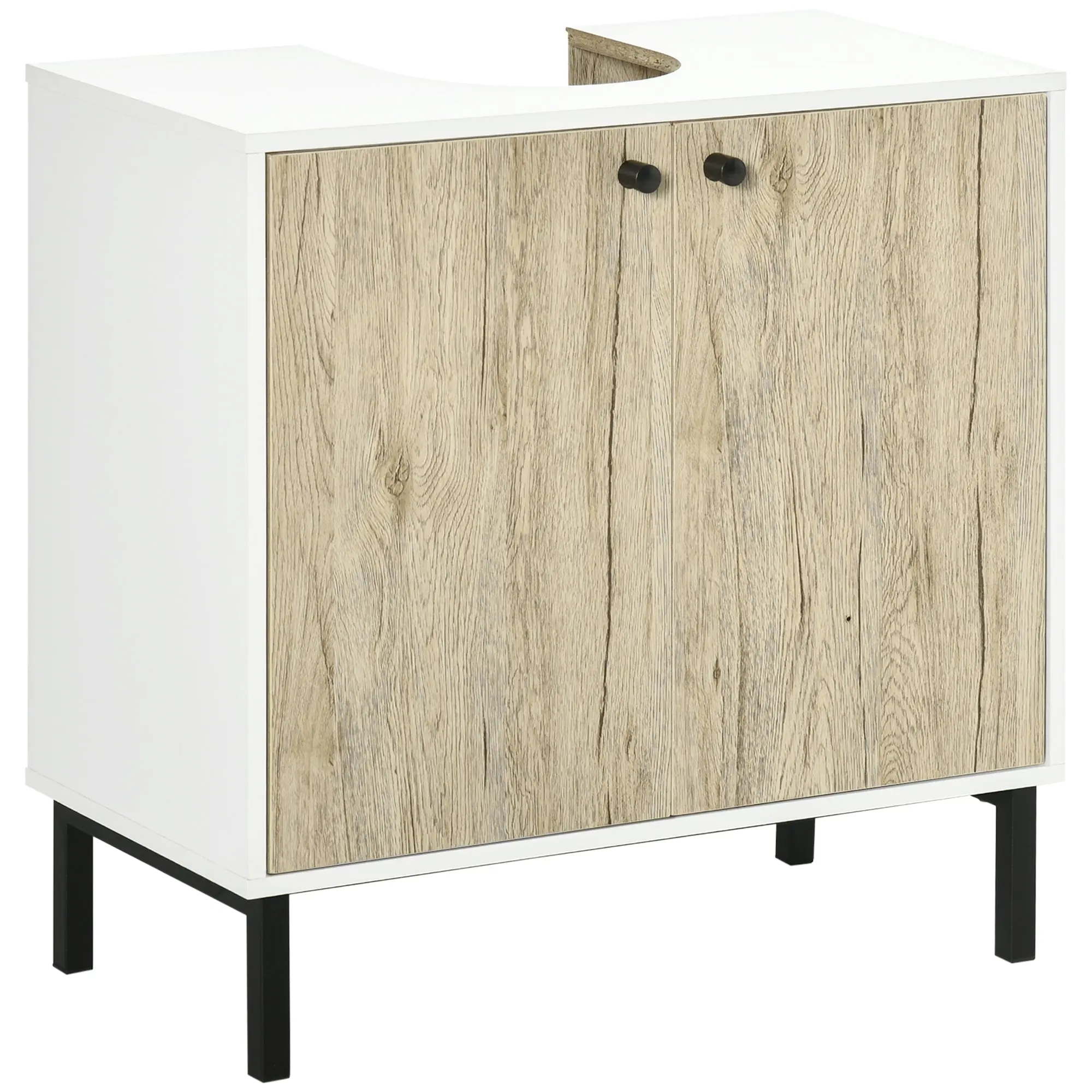 Under-Sink Cabinet Bathroom Storage Cabinet for Modern Basin Stand Metal Legs Double Door 60 x 30 x 60 cm - White and Wood Color