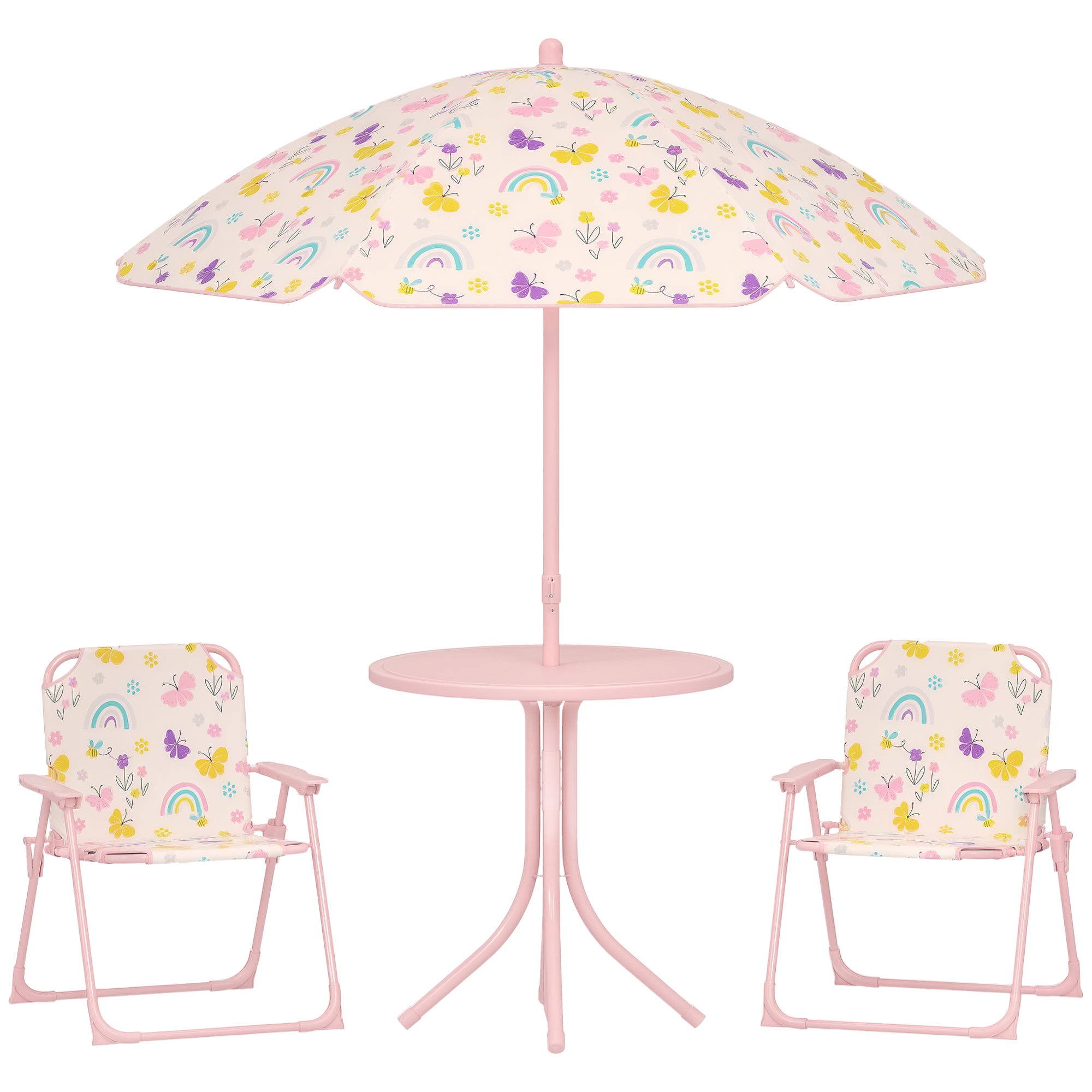 AIYAPLAY Kanner Gogga 4-teilège Tabell a Stull Set - Kanner Tabell mat Faltstuhl - Justéierbar Reebou Design Parasol fir Patio Picknick Rosa