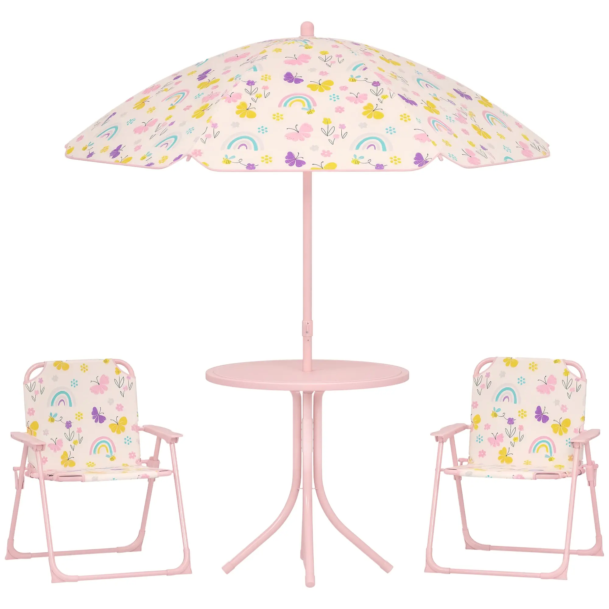 Children's Garden 4-Piece Table and Chairs Set Children's Table with Folding Chairs Adjustable Rainbow Design Umbrella for Patio Picnic Pink