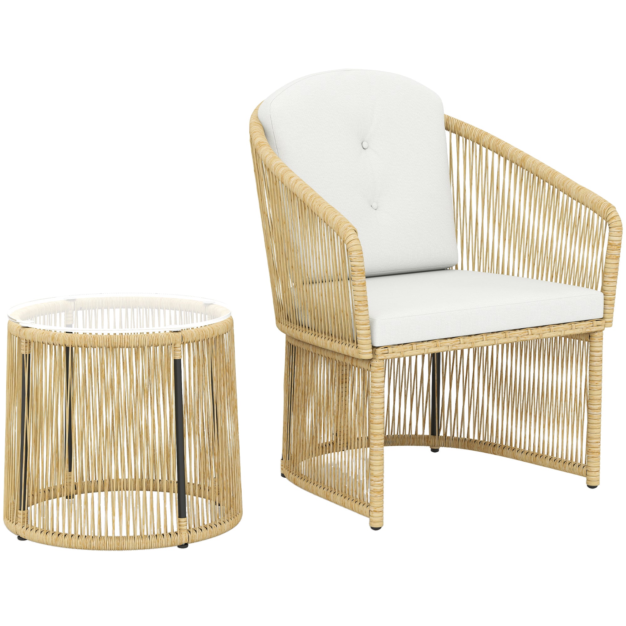 Outsunny 3‑teiliges Rattan-Bistroset, cremeweiß — runder Glastisch & 2 gepolsterte Stühle