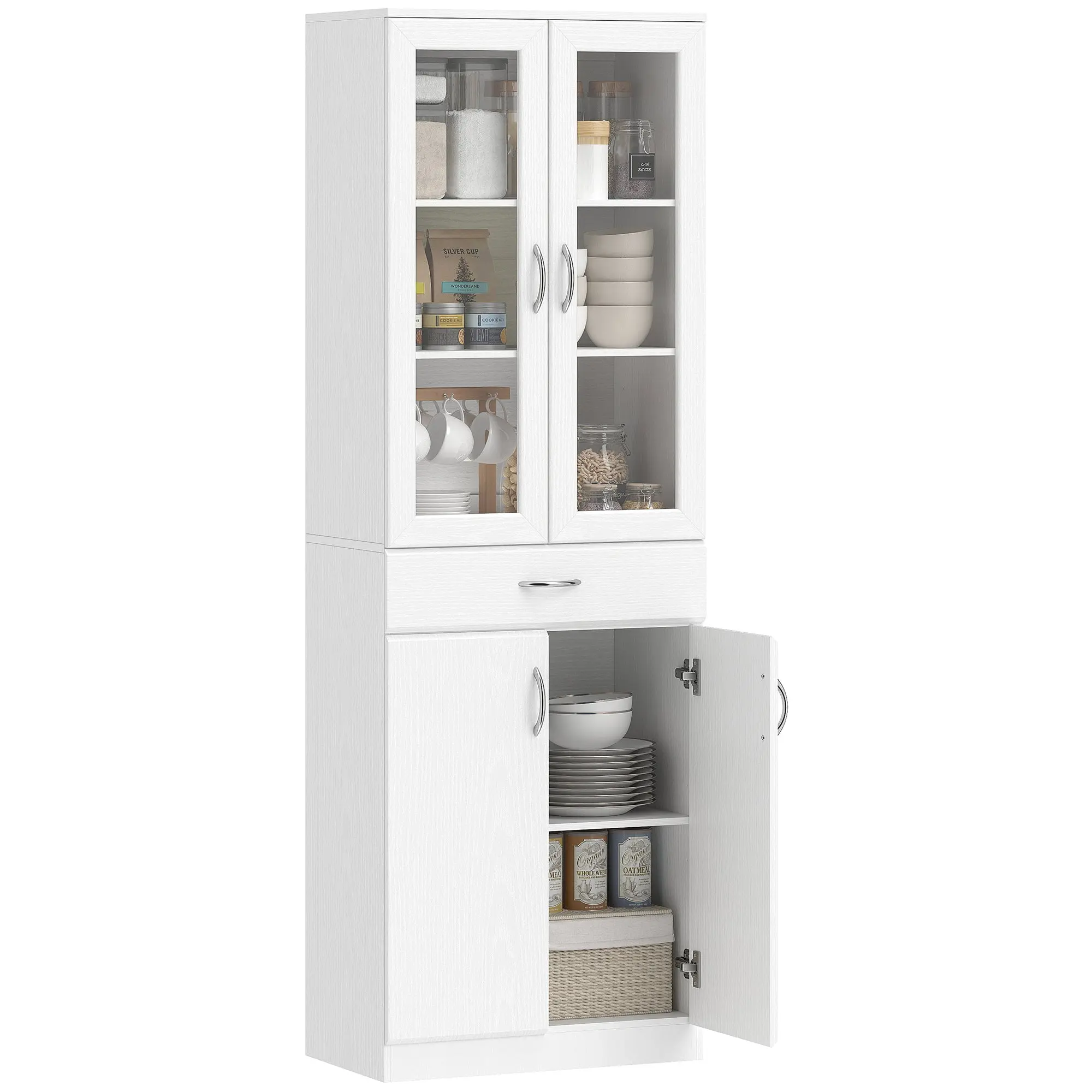 Tall Kitchen Pantry Cabinet with Glass Doors, Drawer & Adjustable Shelves, White, 23.6 x 13.8 x 70.9 in