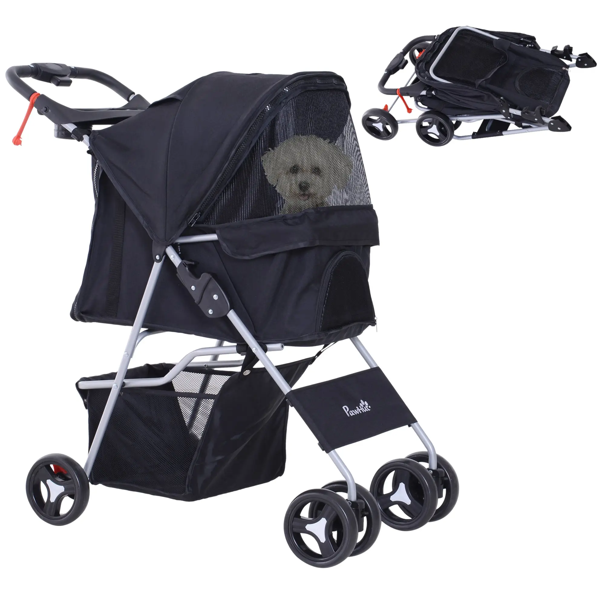 Folding Pet Stroller Pet Carrier for Small Dogs with Adjustable Canopy Storage Basket 2 Universal Wheels Load 15 kg 75x46x94 cm Black
