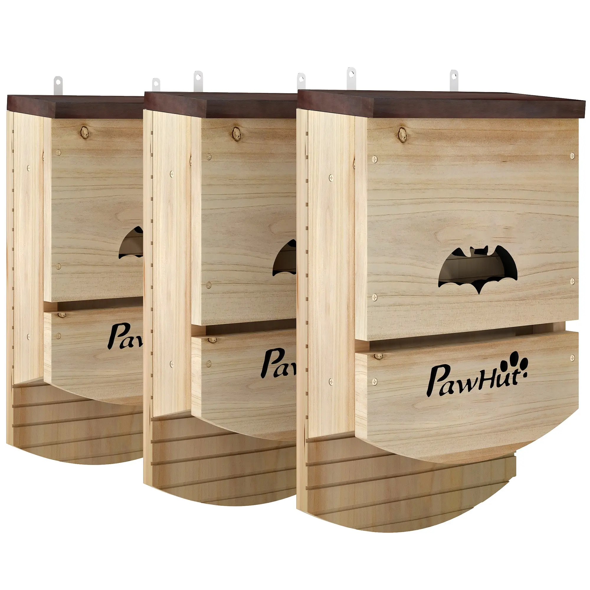 Set of 3 Wooden Bat Houses with Grooved Landing Platform and 2 Internal Chambers, Easy to Hang — 9.1 x 3.7 x 14.4 in, Natural Wood Finish