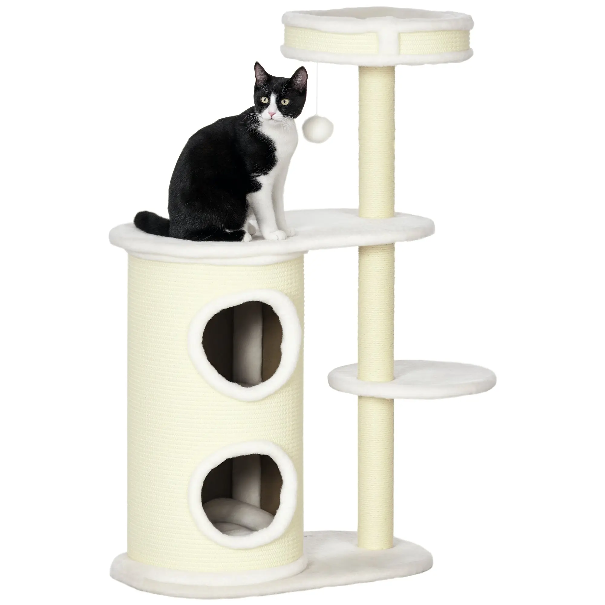 Cat Tree, 100 cm, Climbing Tree with Scratching Barrel, Cat Scratching Post, Cat Tree with Sisal Column and Play Ball, Cat Furniture with Cushion, Plush, Cream White