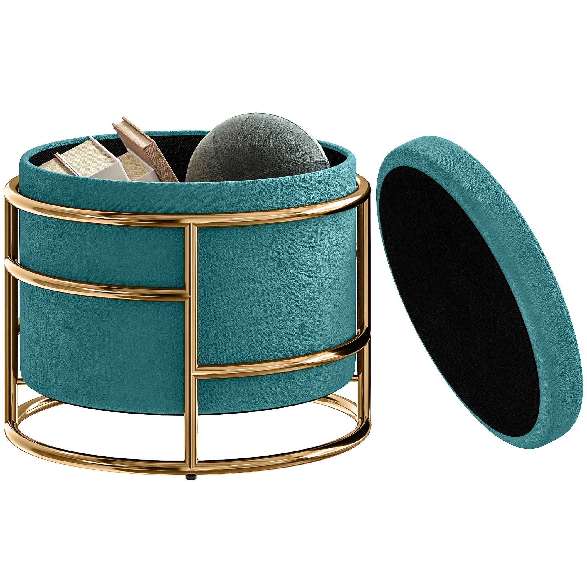 Round Velvet Storage Ottoman, Footrest with 24L Compartment and Removable Lid, for Bedroom and Living Room, ?42x39 cm, Green