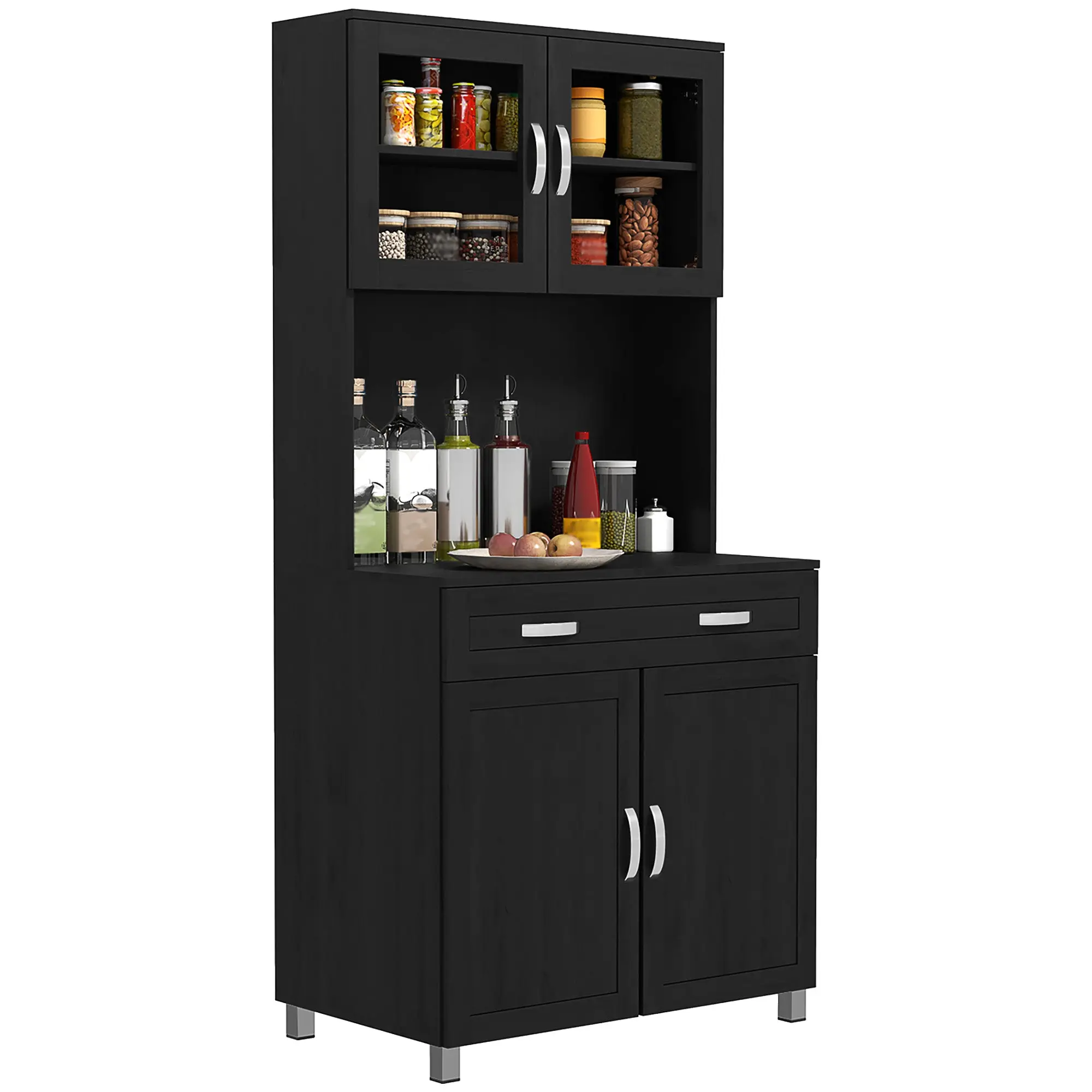 Tall Kitchen Buffet Cabinet, 4 Doors (2 Glass), Drawer & Worktop, Adjustable Shelves — 32" x 19" x 67", Black