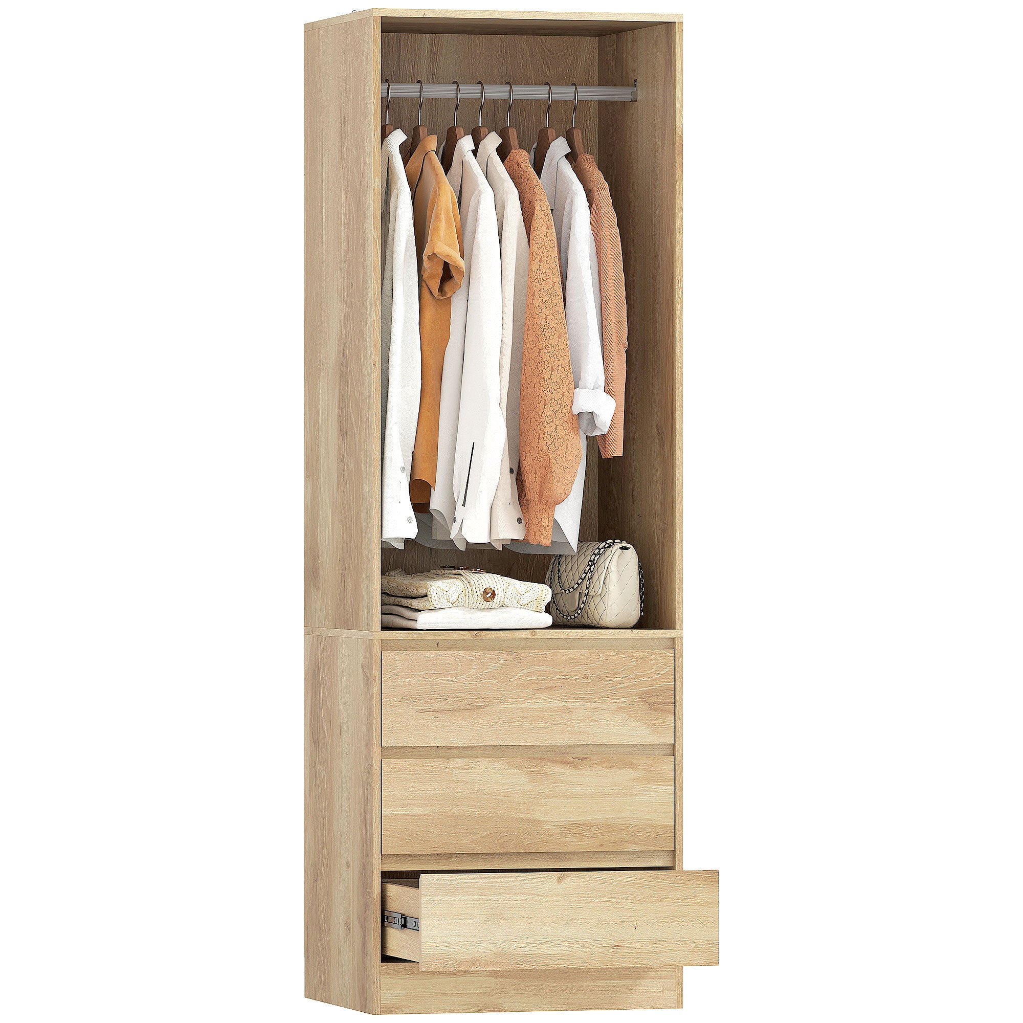 HOMCOM Udobna ormar s prostorom za vješanje, otvorenom policom i 3 ladice, ormar za spavaću sobu, organizator ormara, 60x48.5x185 cm, Boja drveta teak