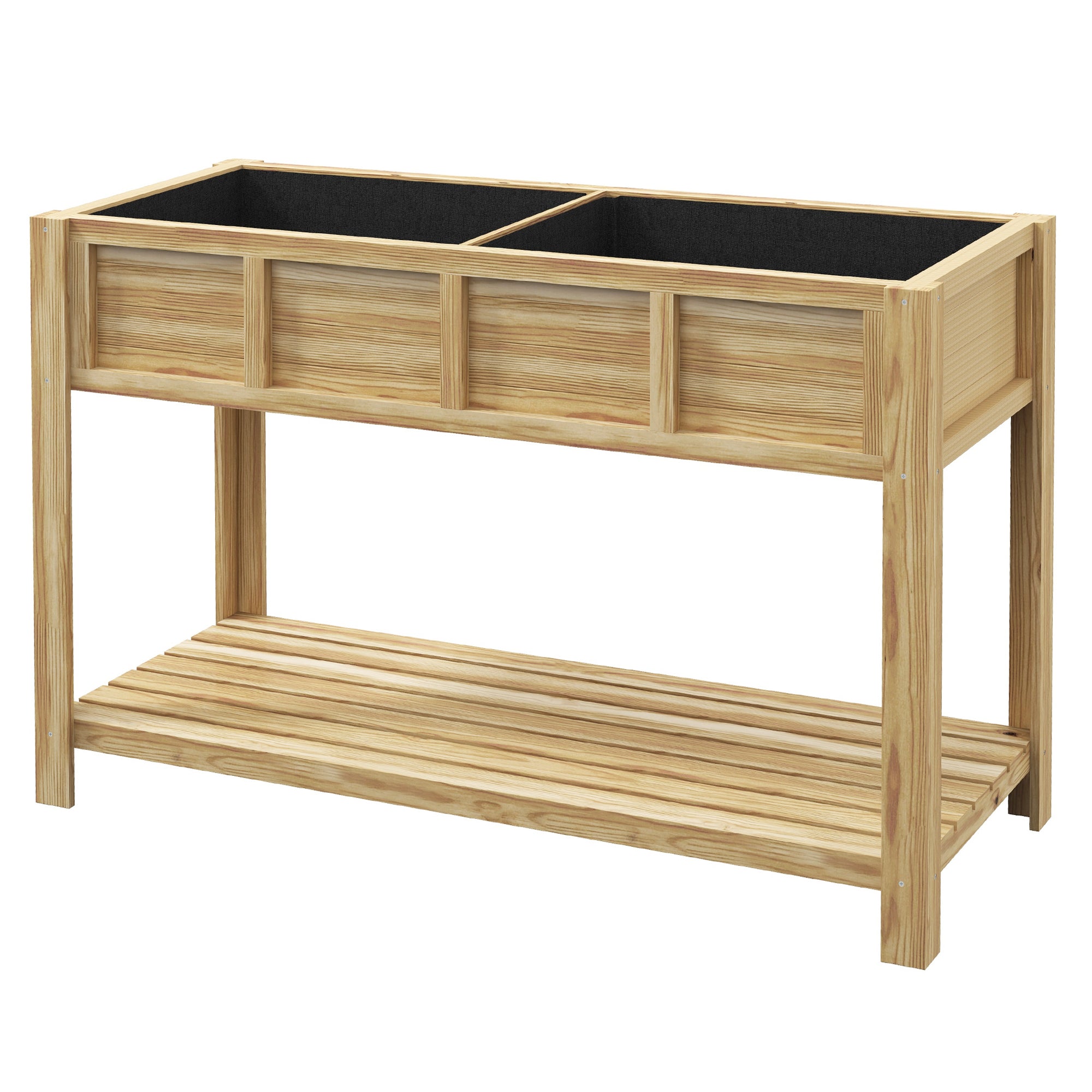 Outsunny Pakeltas Medinis Gėlių Vazonas - Vazonas su Išimamu Skirtuku, Lentyna, Laistymo Insertu, Vandens Nutekėjimo Medžiaga - Išmatavimai 115L x 46W x 75H cm - Kietas Šilauogis