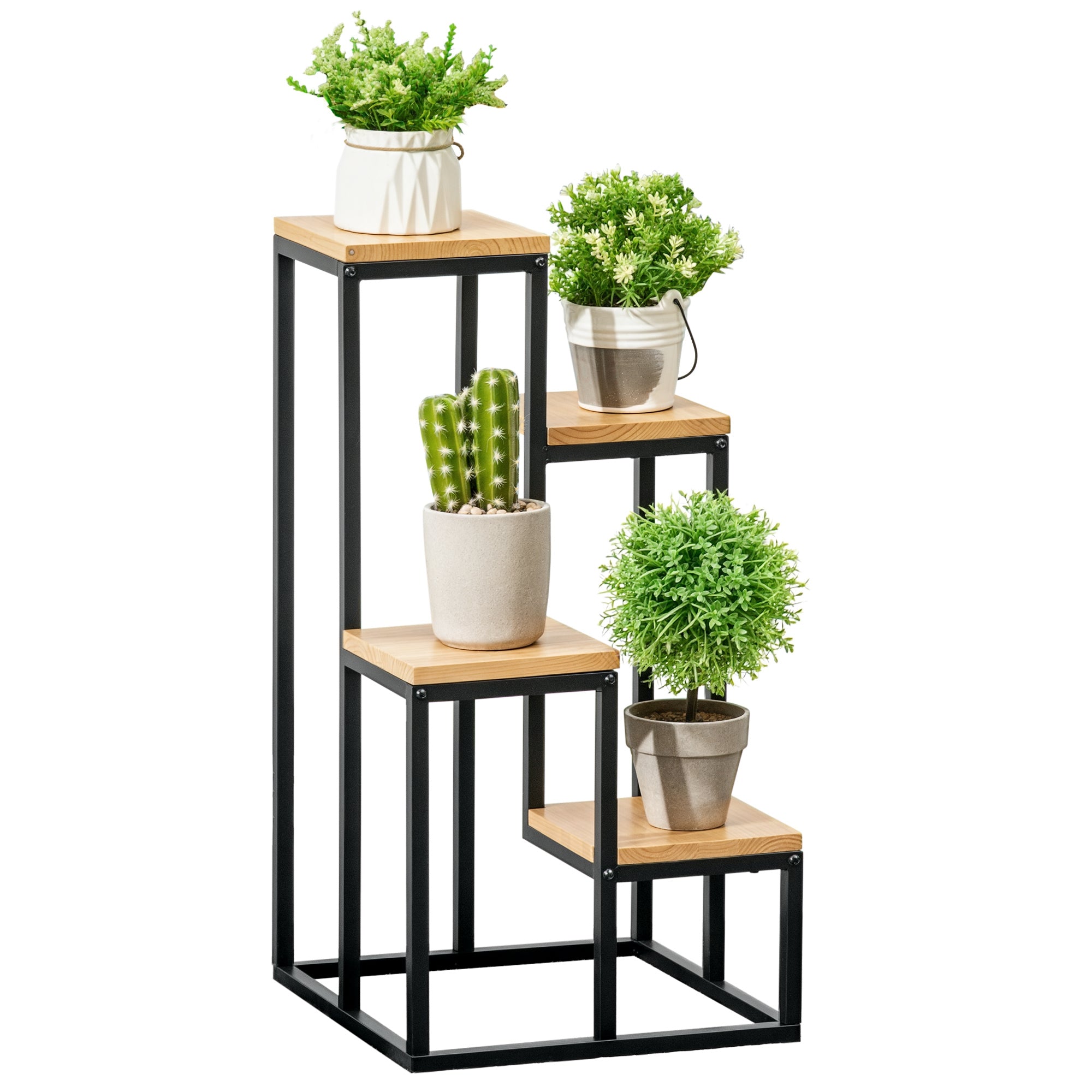 Outsunny Kasviteline, Kukka-askelmat 4 Tasolla, Monitasoinen Kasvir Rack, Kasviteline Puutarhaan, Parvekkeelle, Puuta, Luonnollinen, 34 x 34 x 66 cm