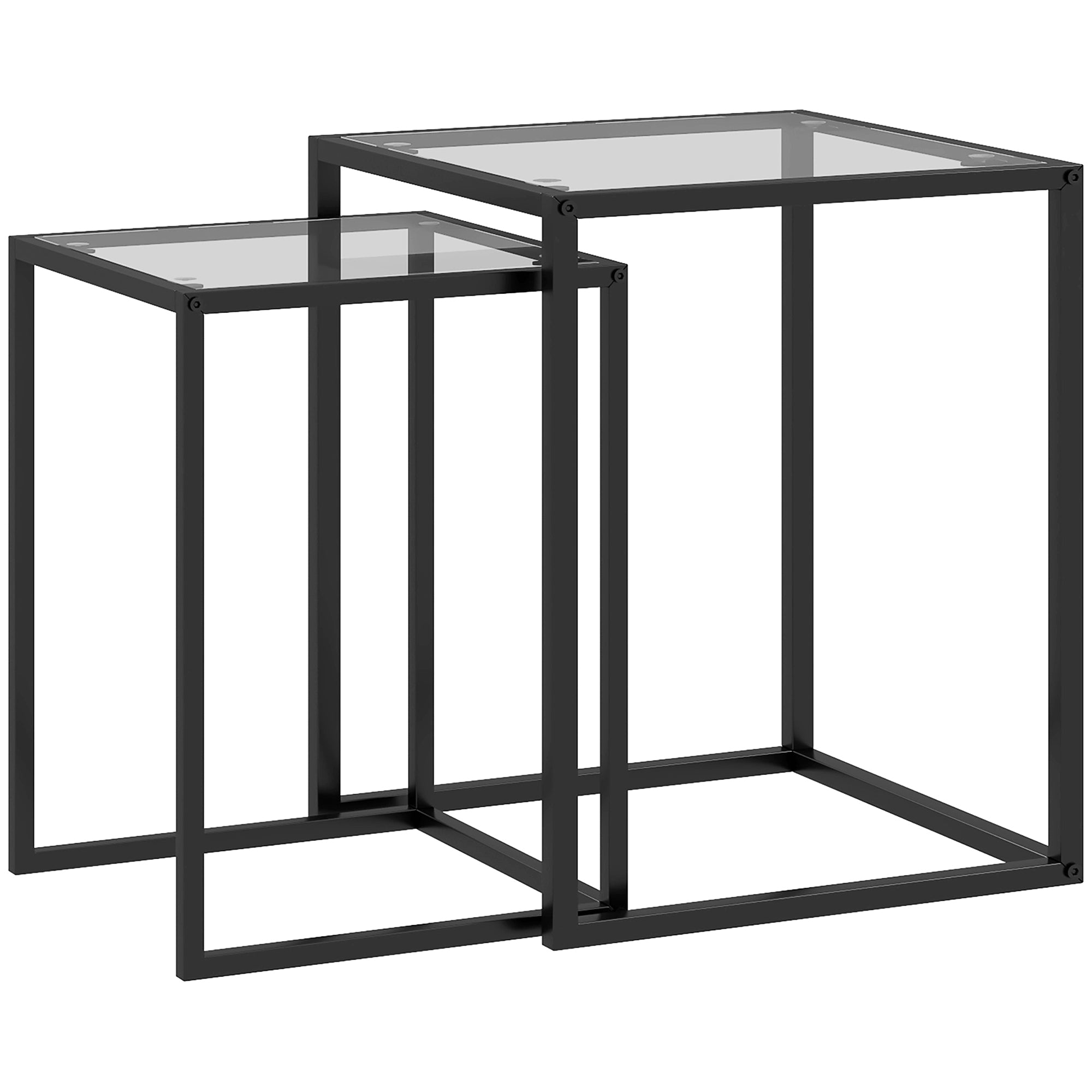 HOMCOM Sæt af 2 Stabelbare Firkantede Sideborde Kaffebord med Tempereret Glasplade og Stålrør til Stuen 33x33x45,5 cm og 42x42x50,8 cm Sort
