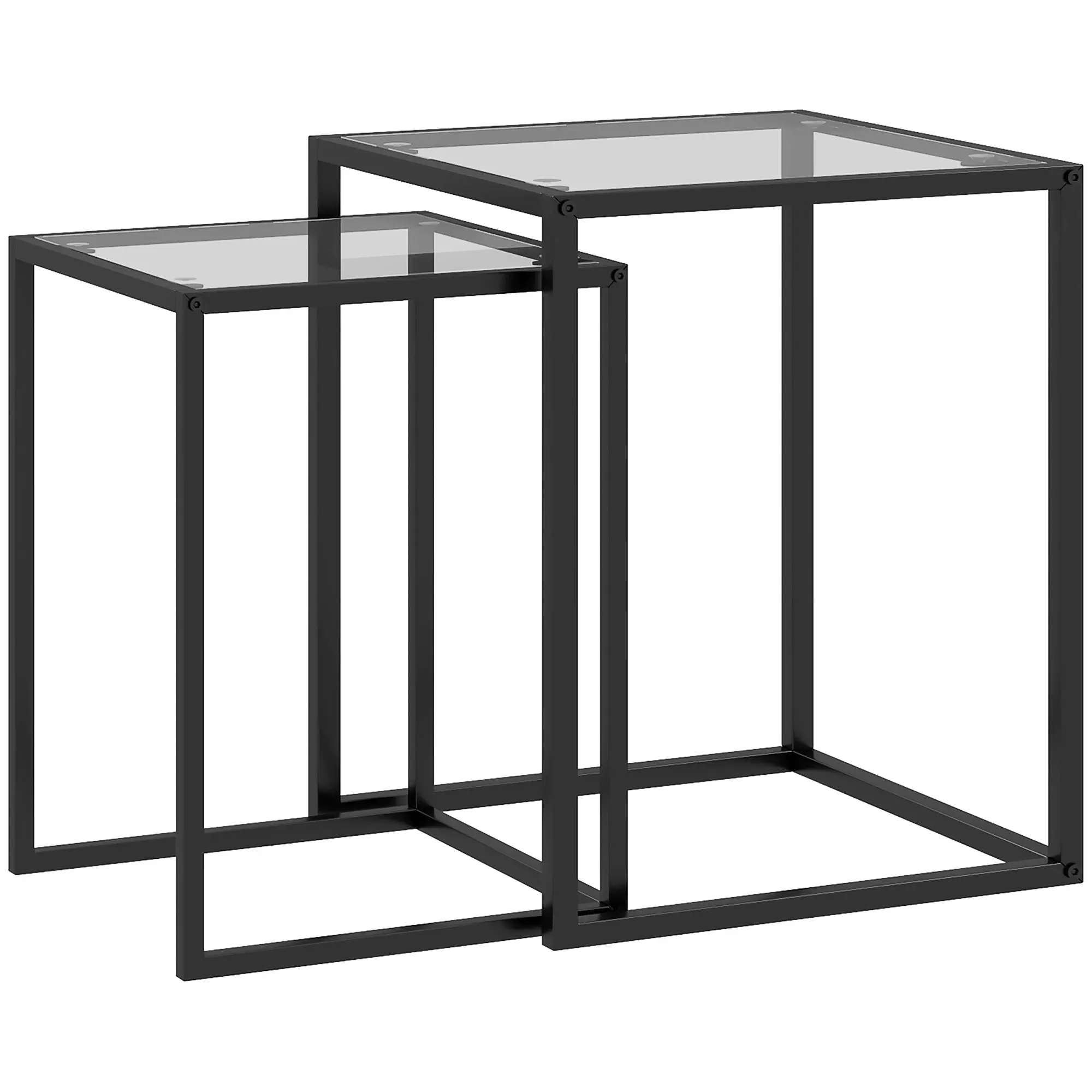 Set of 2 Square Side Tables Stackable Coffee Table Set with Tempered Glass Top and Steel Frame for Living Room 13x13x17.9 inches and 16.5x16.5x20 inches Black