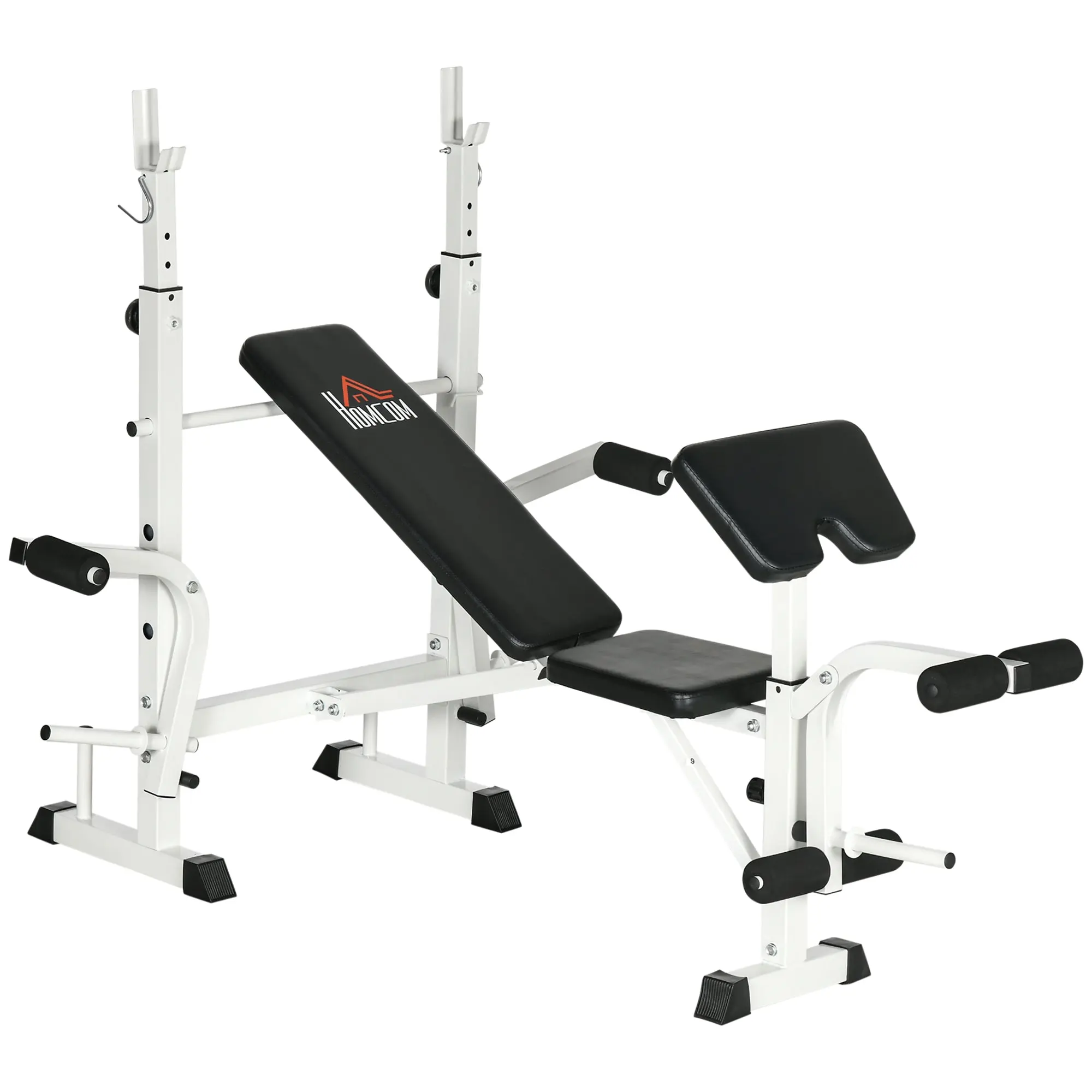 Adjustable Weight Bench, Multifunctional Training Bench with Barbell Rack, Chest Press, Leg Press, Armrest for Weight Training, Steel, Black+White